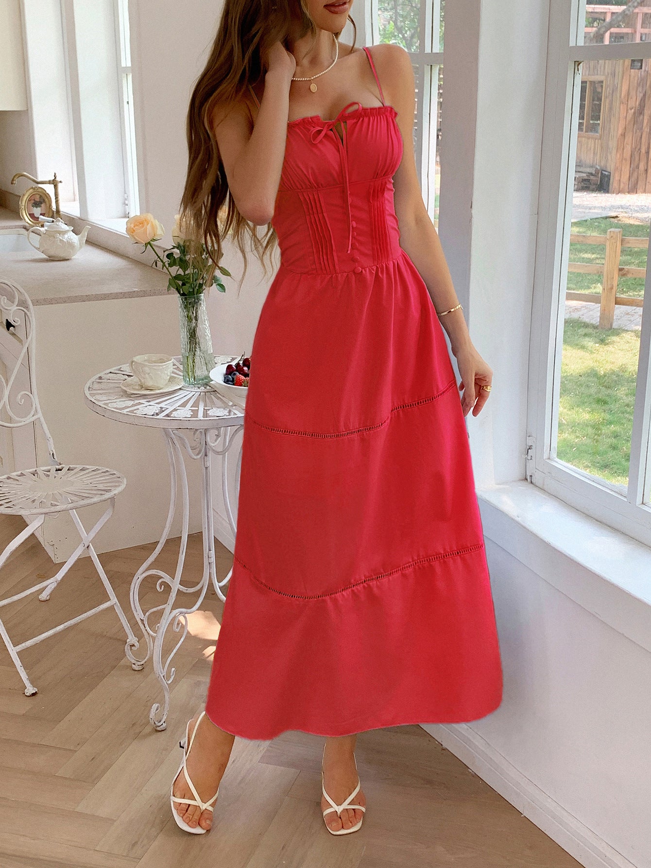 A-Line Ruffle Square Neckline Sleeveless Red Wedding Guest Dress, Red / L A-Line Ruffle Square Neckline Sleeveless Red Wedding Guest Dress, Red / L
