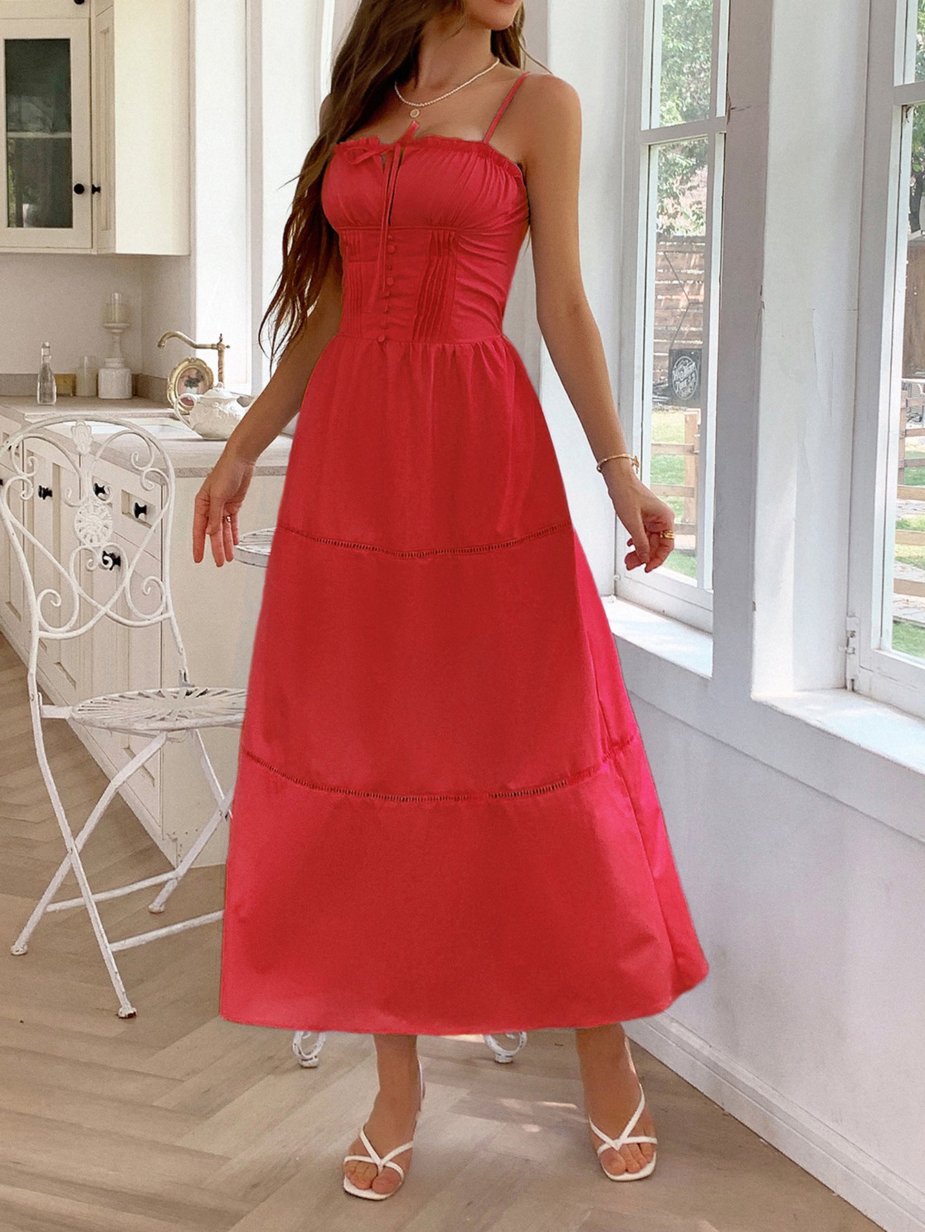 A-Line Ruffle Square Neckline Sleeveless Red Wedding Guest Dress