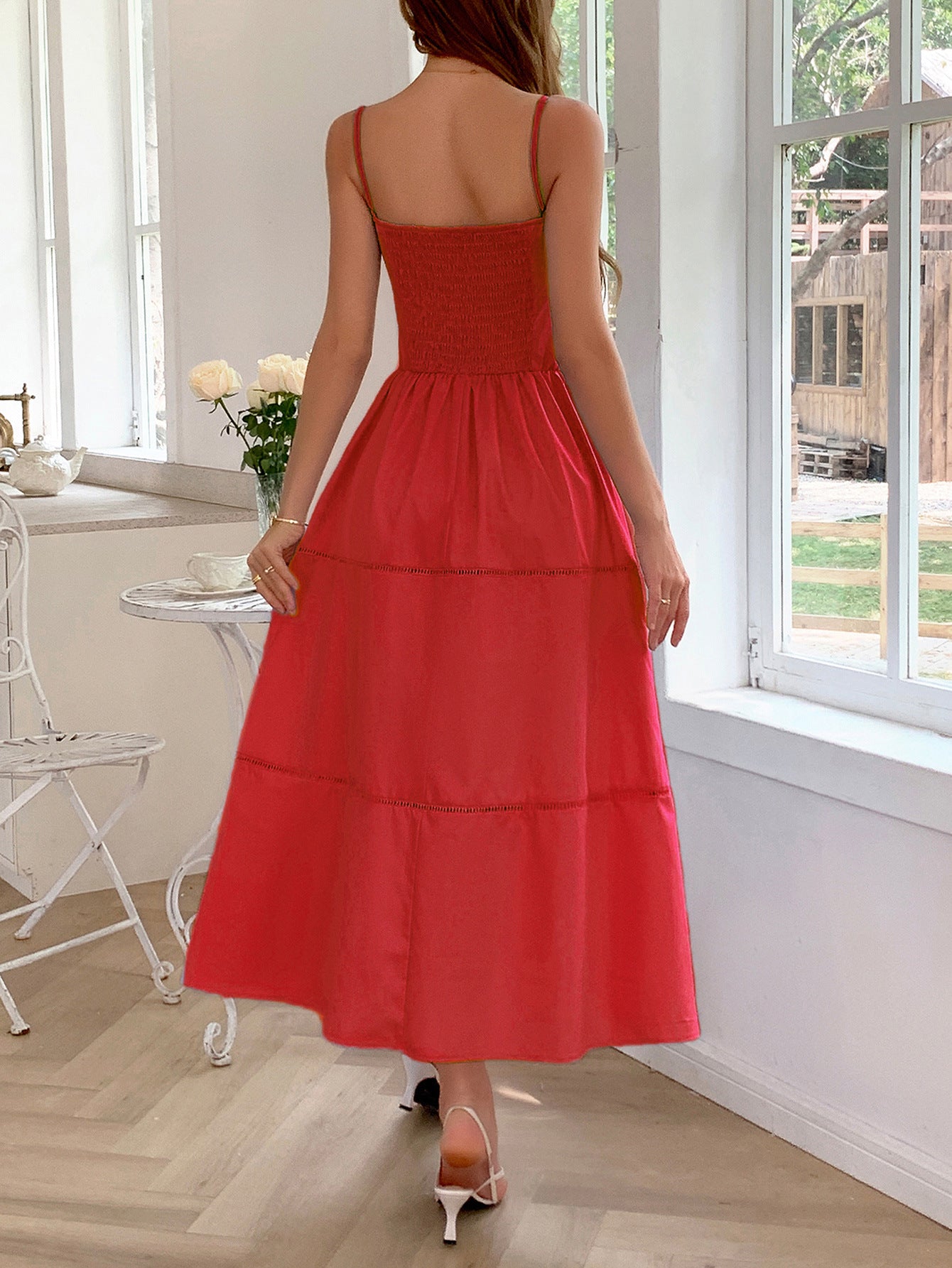 A-Line Ruffle Square Neckline Sleeveless Red Wedding Guest Dress
