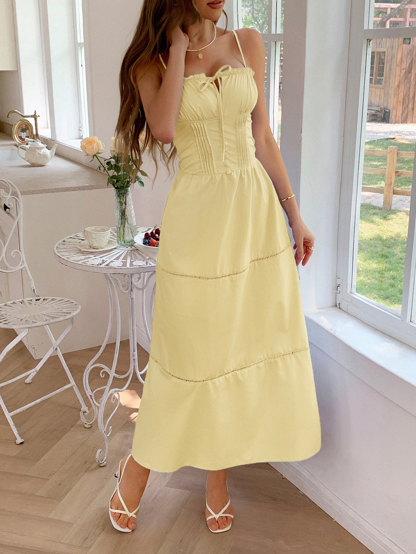 A-Line Ruffle Square Neckline Sleeveless Daffodil Wedding Guest Dress