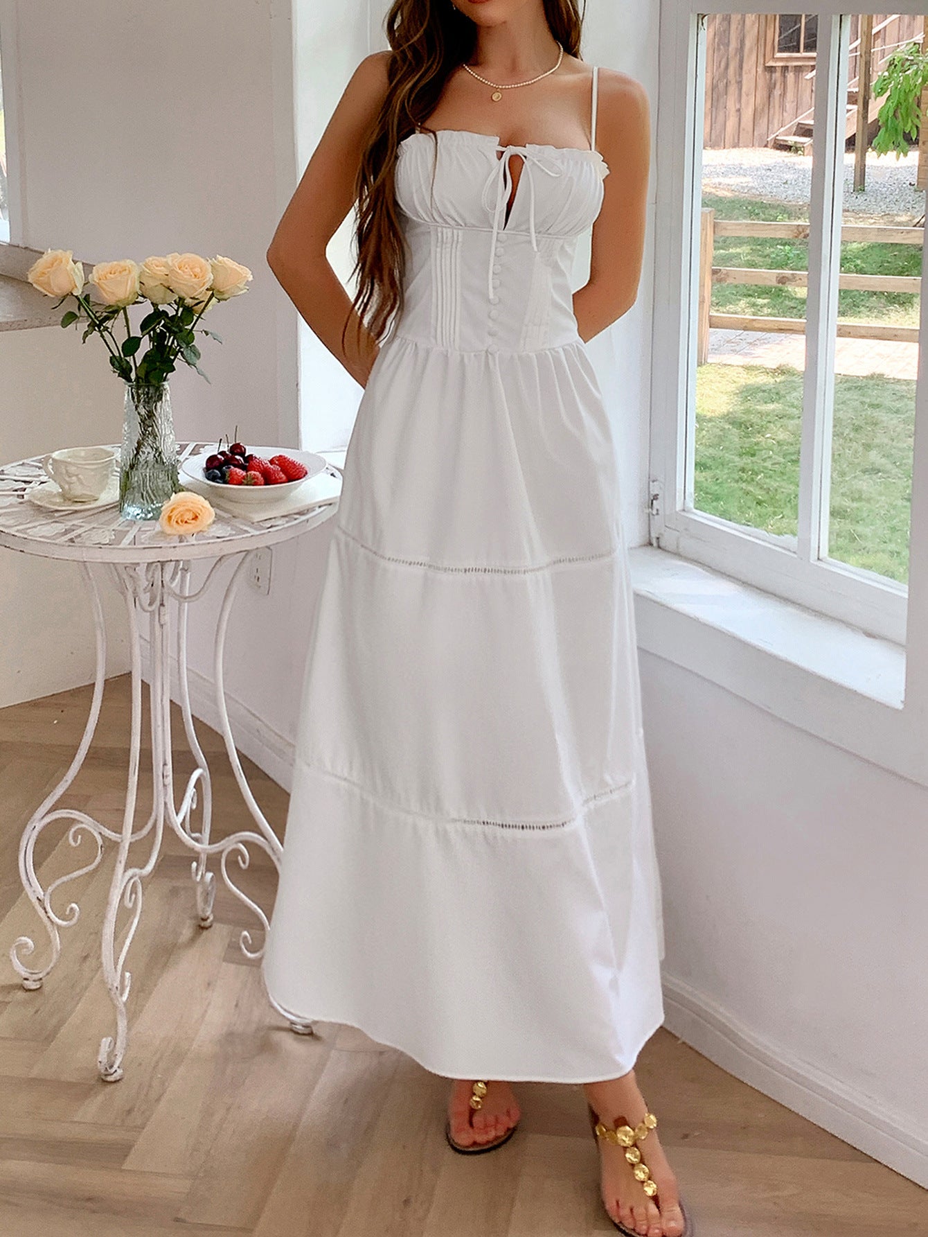 A-Line Ruffle Square Neckline Sleeveless White Wedding Guest Dress, White / M A-Line Ruffle Square Neckline Sleeveless White Wedding Guest Dress, White / M