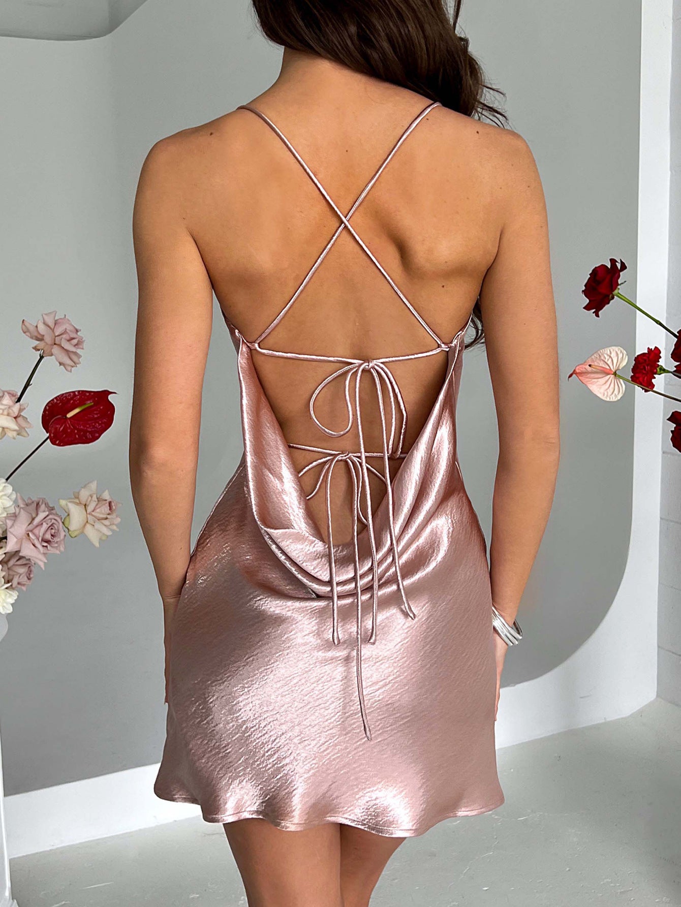 Sheath/Column Blushing Pink Spaghetti Straps Criss-Cross Wedding Guest Dress