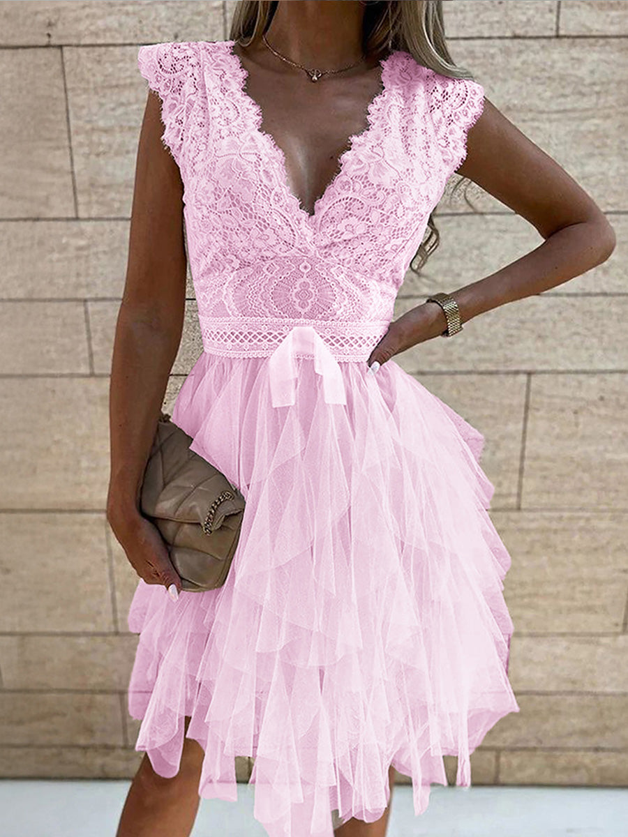Elegant A-Line Candy Pink Lace Cap Sleeves Wedding Guest Dress