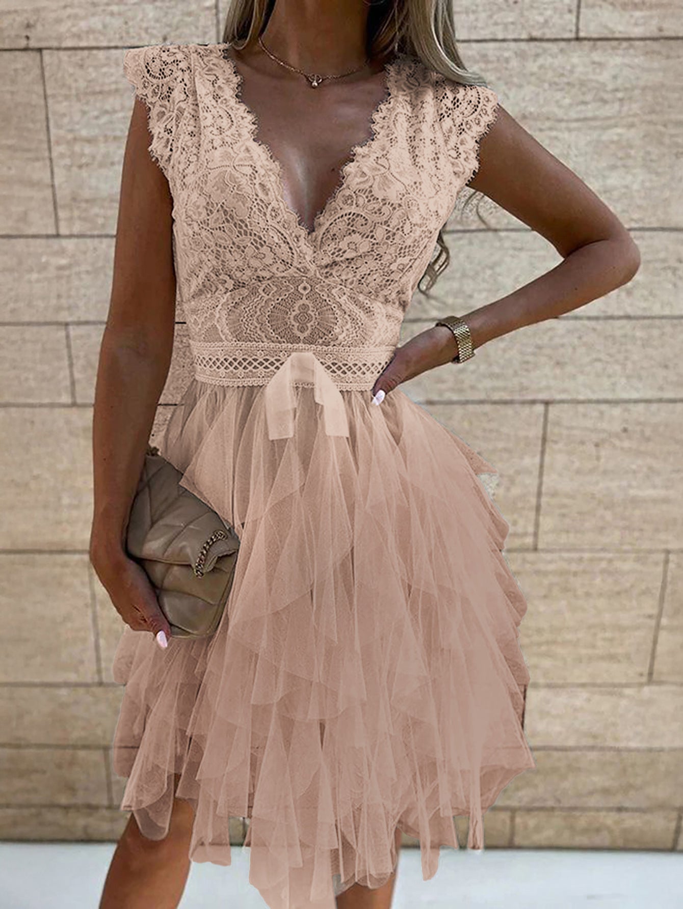 Elegant A-Line Pearl Pink Lace Cap Sleeves Wedding Guest Dress
