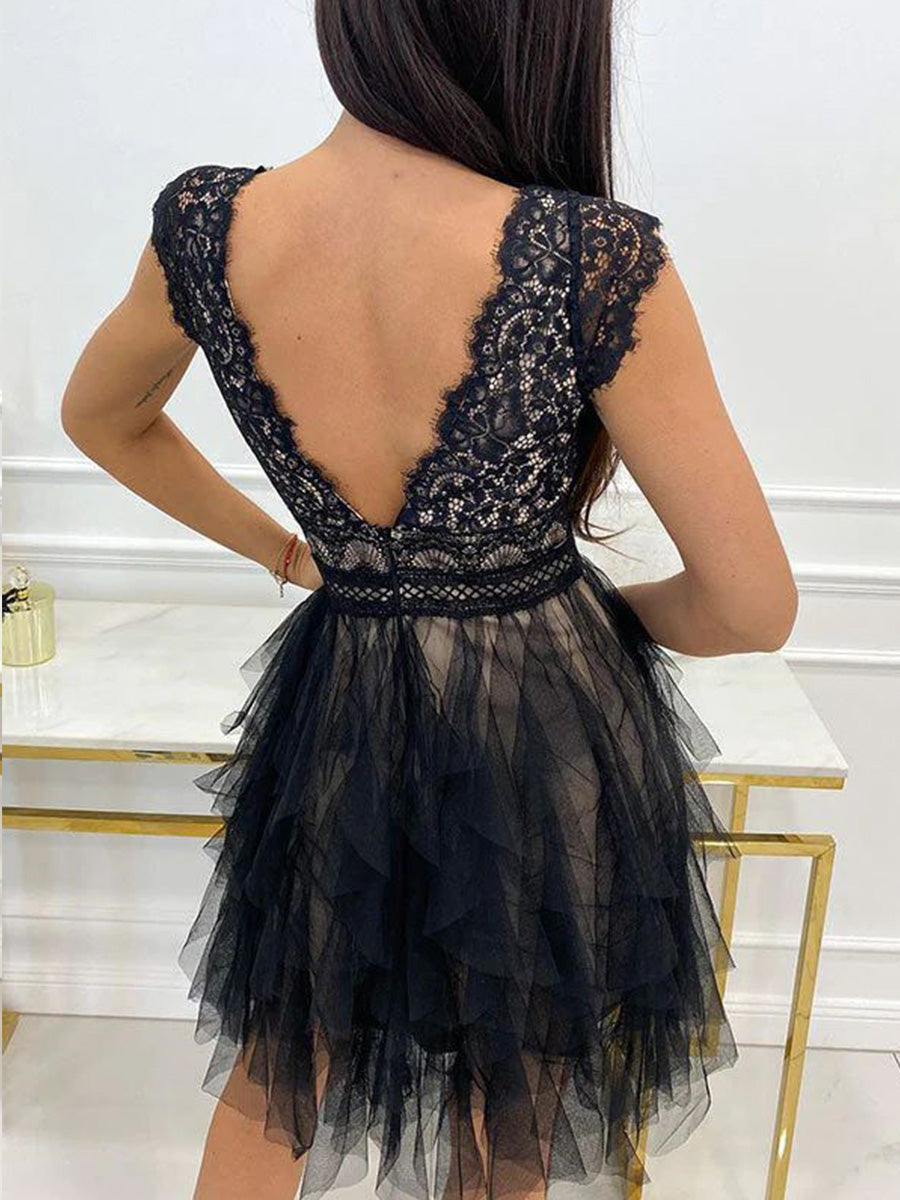 Elegant A-Line Black Lace Cap Sleeves Wedding Guest Dress