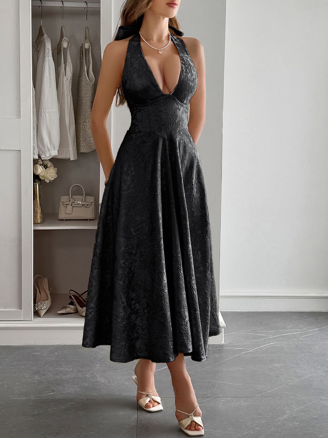 Halter A-Line Lace Up Black Sleeveless Wedding Guest Dress