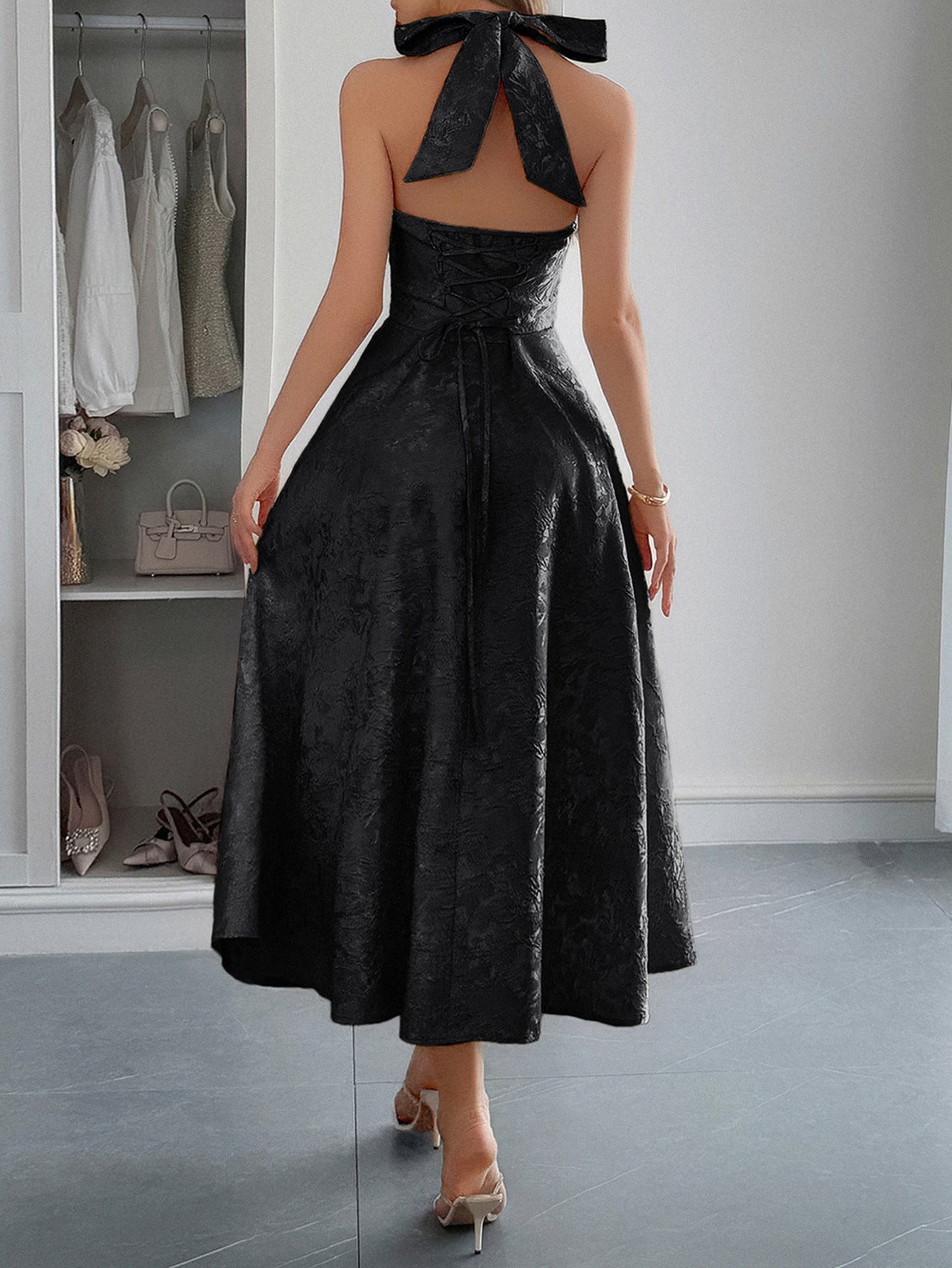Halter A-Line Lace Up Black Sleeveless Wedding Guest Dress