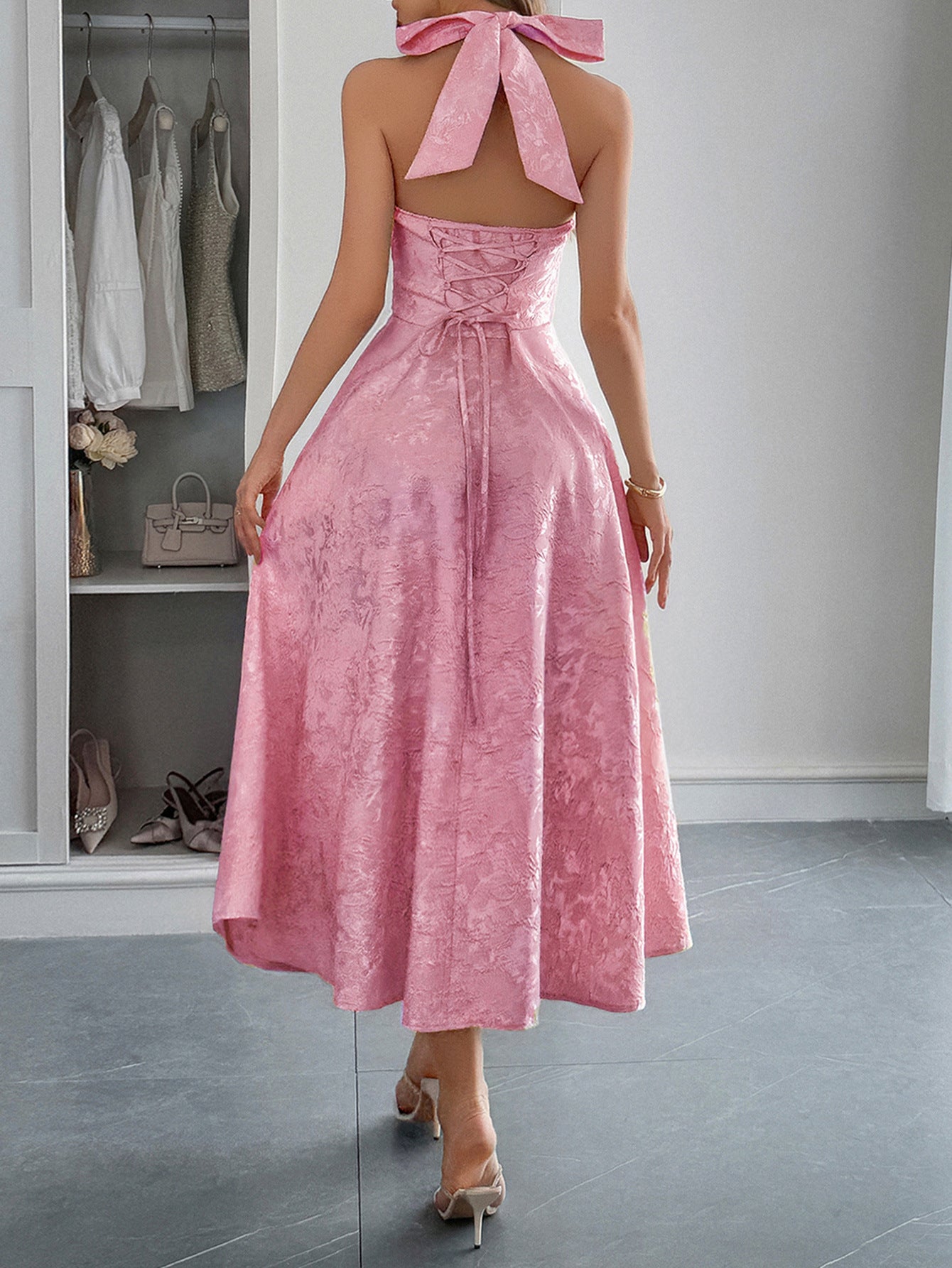 Halter A-Line Lace Up Pink Sleeveless Wedding Guest Dress