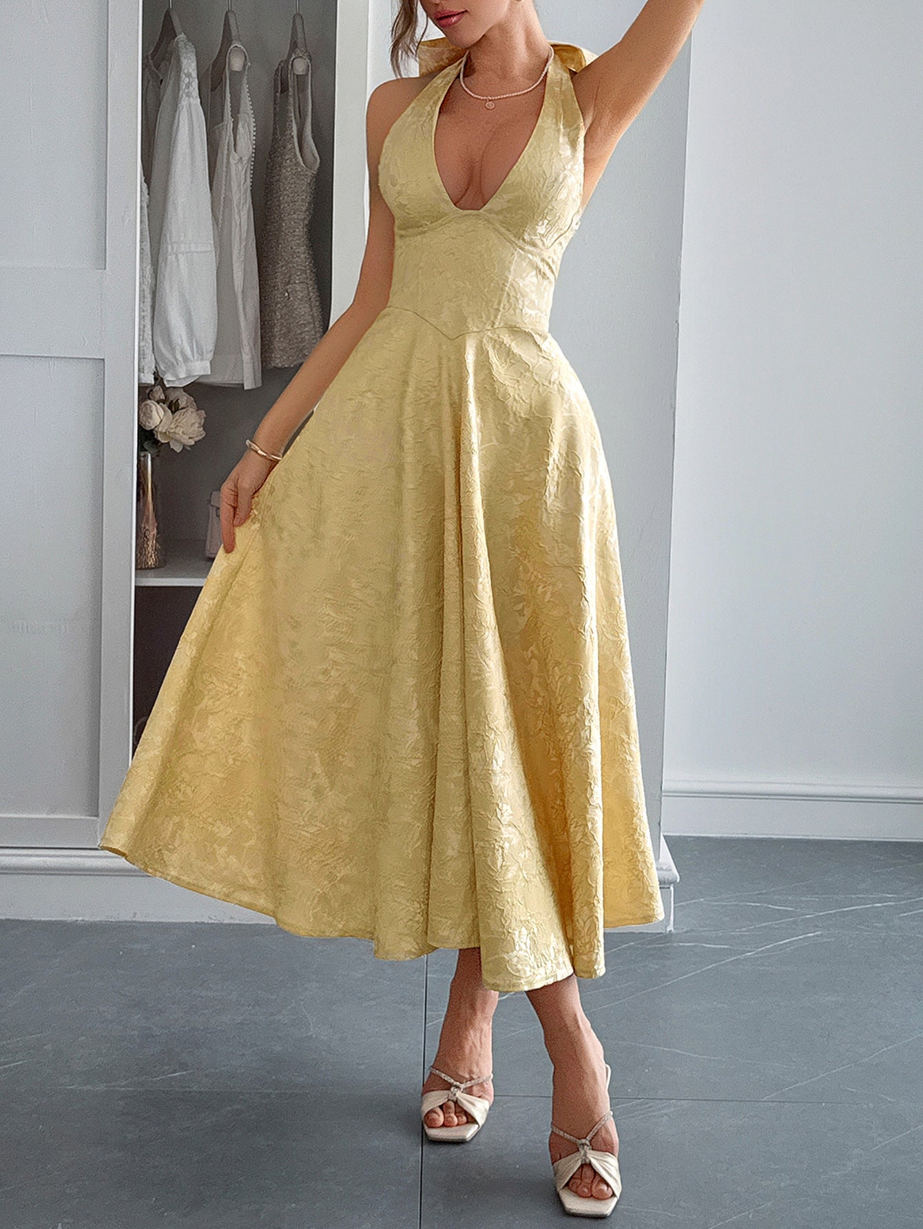 Halter A-Line Lace Up Daffodil Sleeveless Wedding Guest Dress, Daffodil / L Halter A-Line Lace Up Daffodil Sleeveless Wedding Guest Dress, Daffodil / L