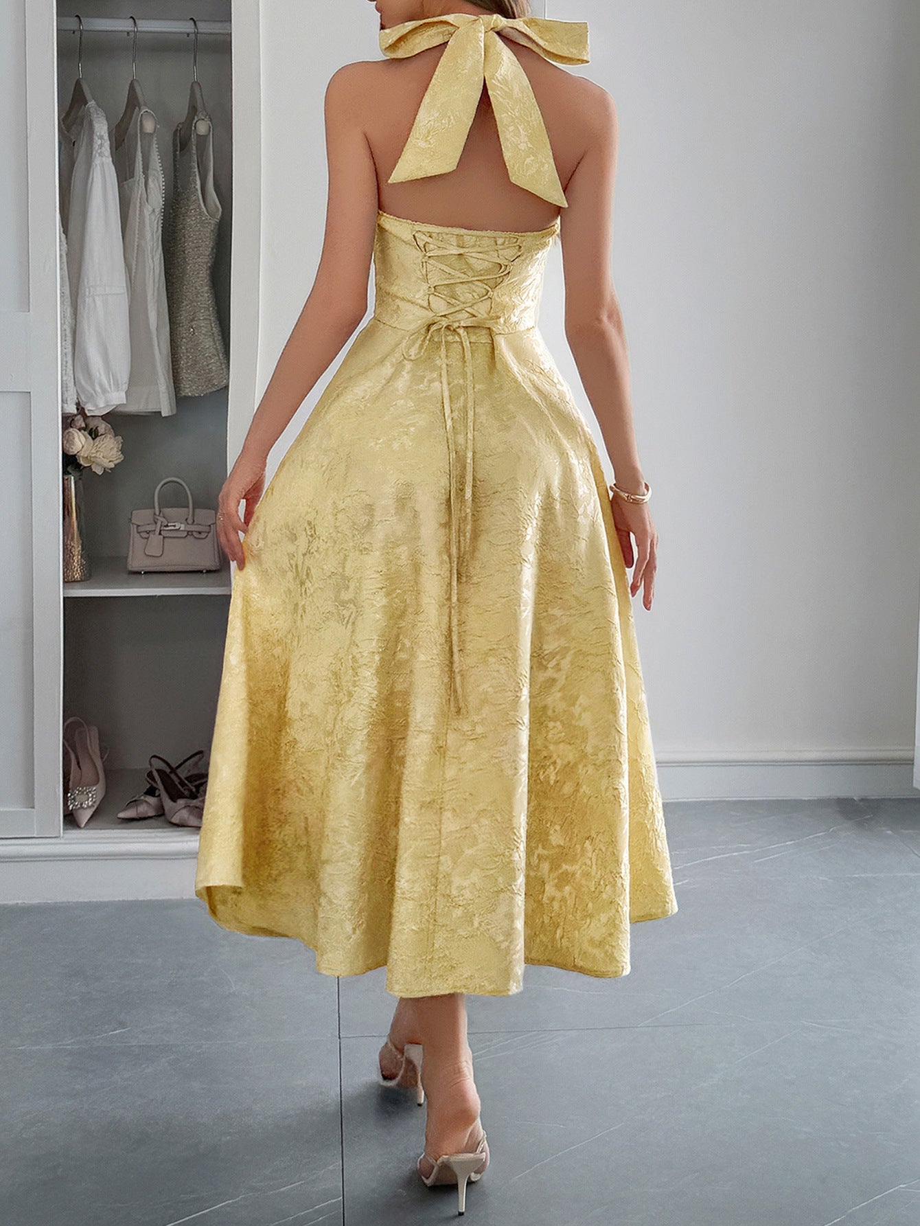 Halter A-Line Lace Up Daffodil Sleeveless Wedding Guest Dress