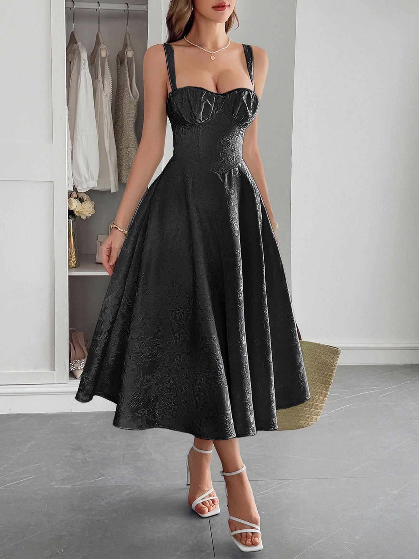 Black Straps A-Line Wedding Guest Dress, Black / L Black Straps A-Line Wedding Guest Dress, Black / L