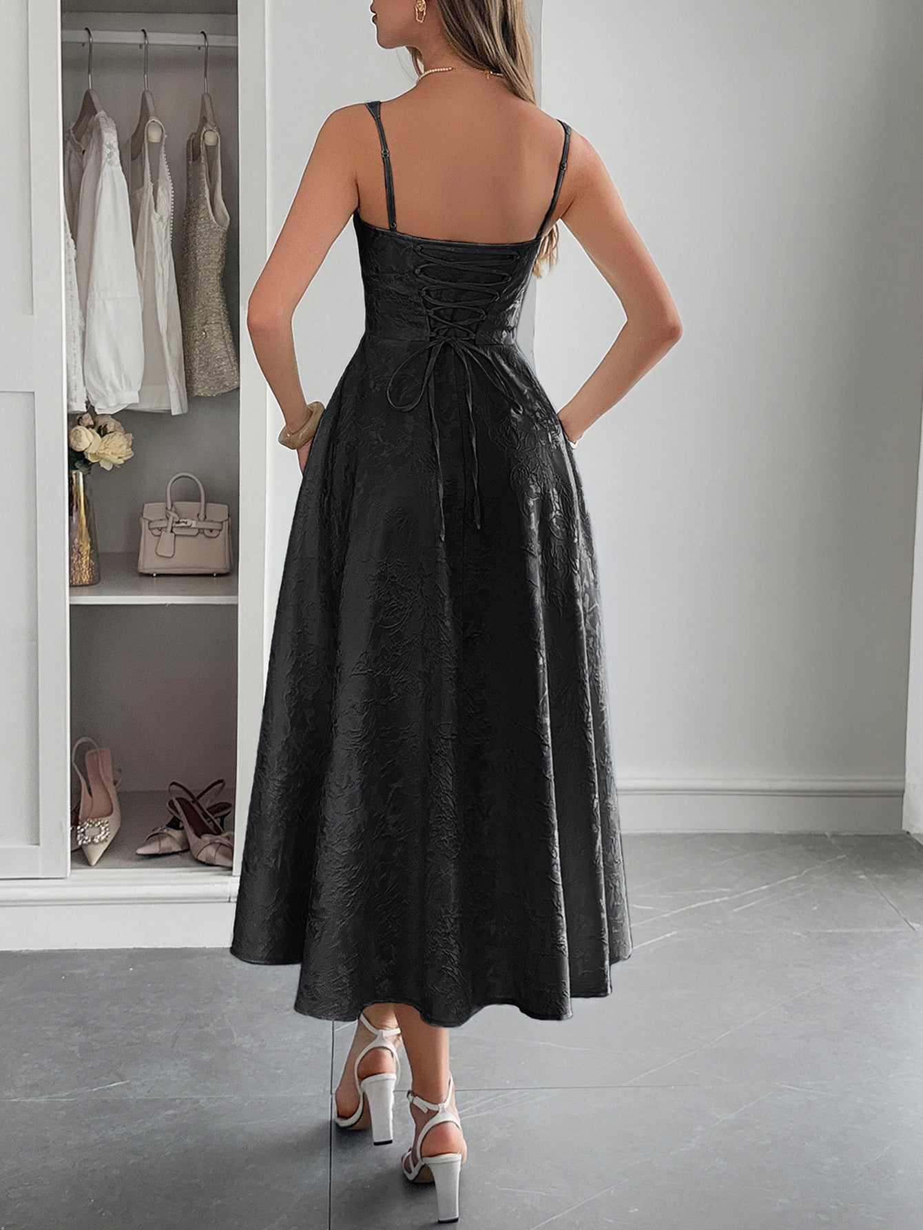Black Straps A-Line Wedding Guest Dress