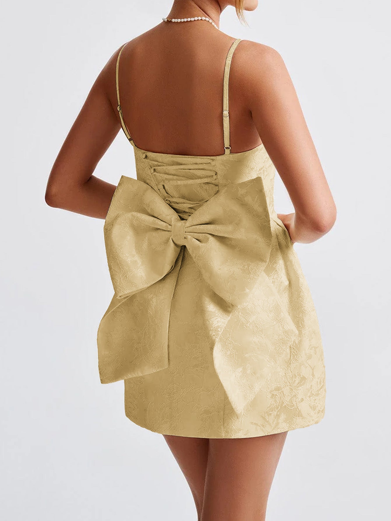 Spaghetti Straps Gold Floral Wedding Guest Dress with Bowknot
