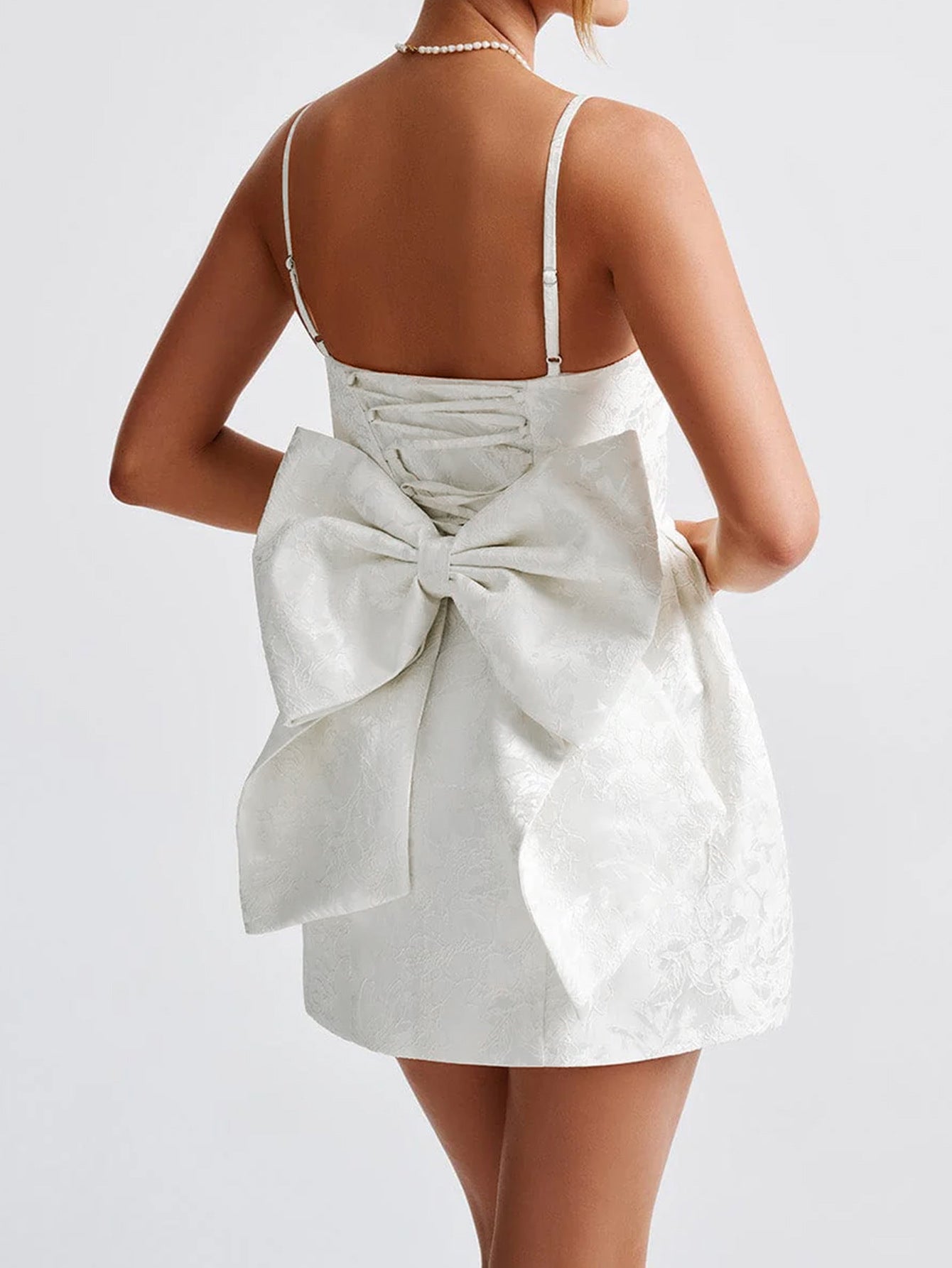 Spaghetti Straps White Floral Wedding Guest Dress with Bowknot