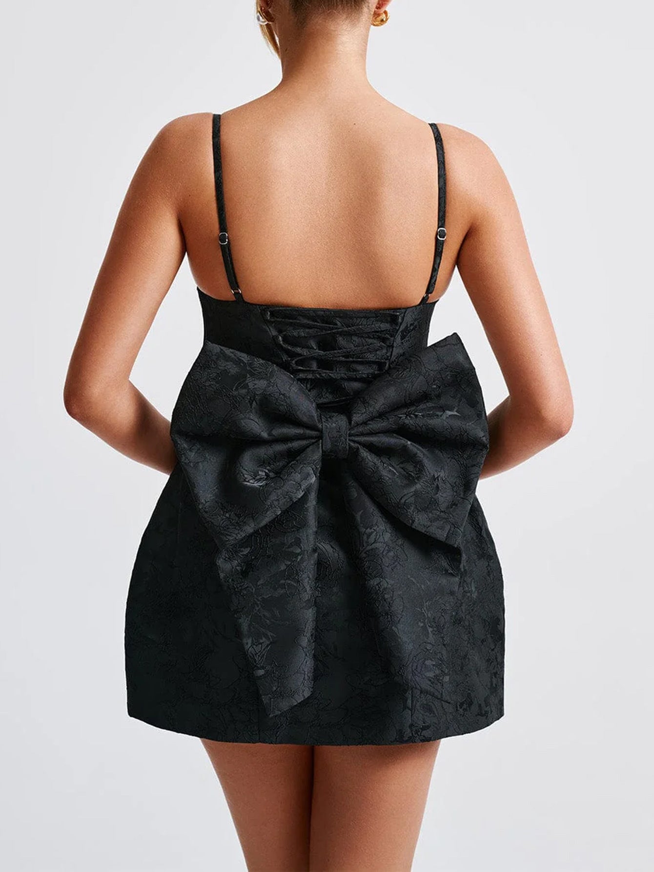Spaghetti Straps Black Floral Wedding Guest Dress with Bowknot
