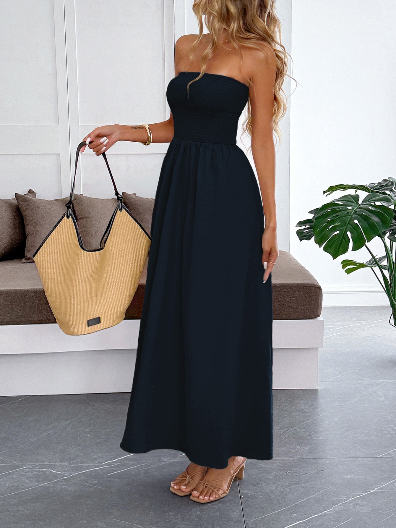 Ankle Length Strapless A-Line Dark Navy Wedding Guest Dress