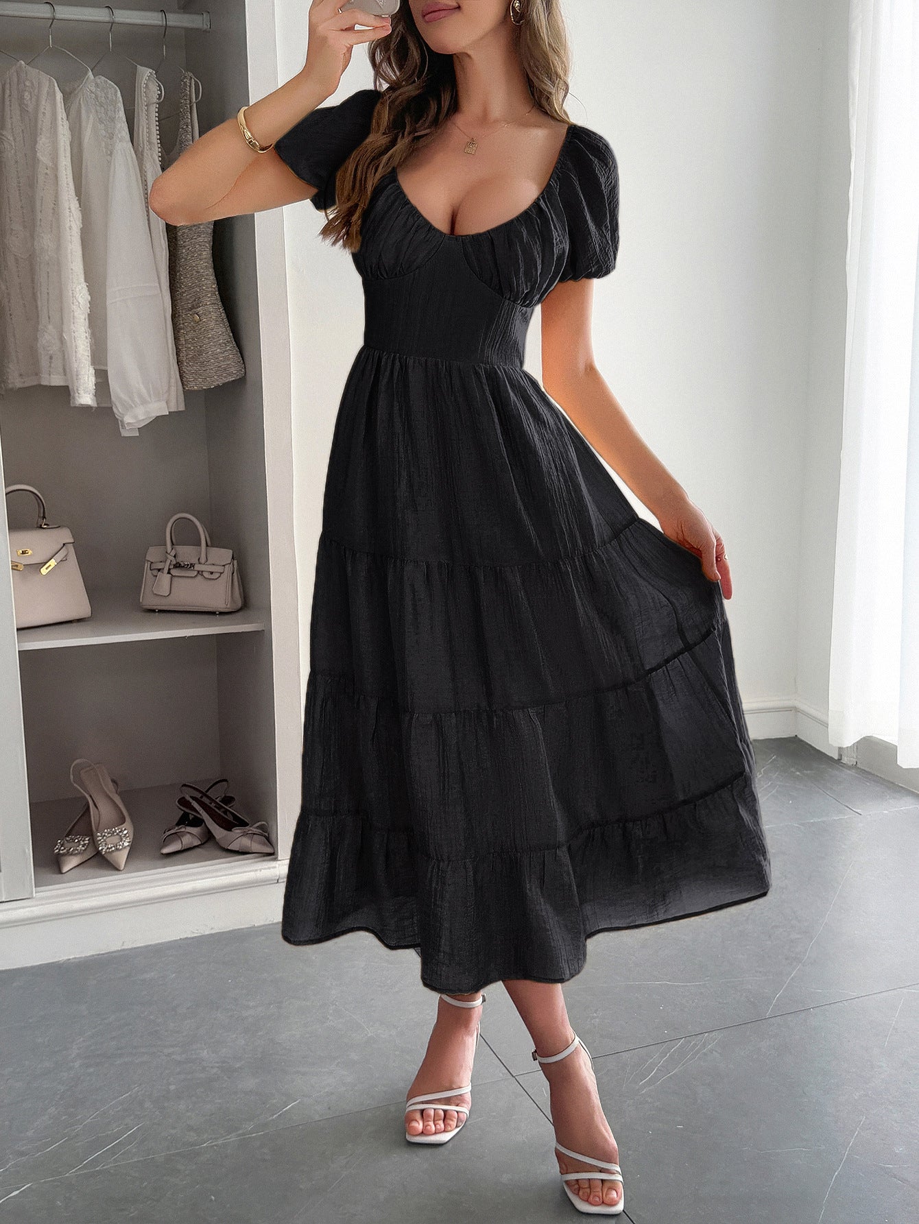 Black V-Neck Layers A-Line Wedding Guest Dress Black V-Neck Layers A-Line Wedding Guest Dress