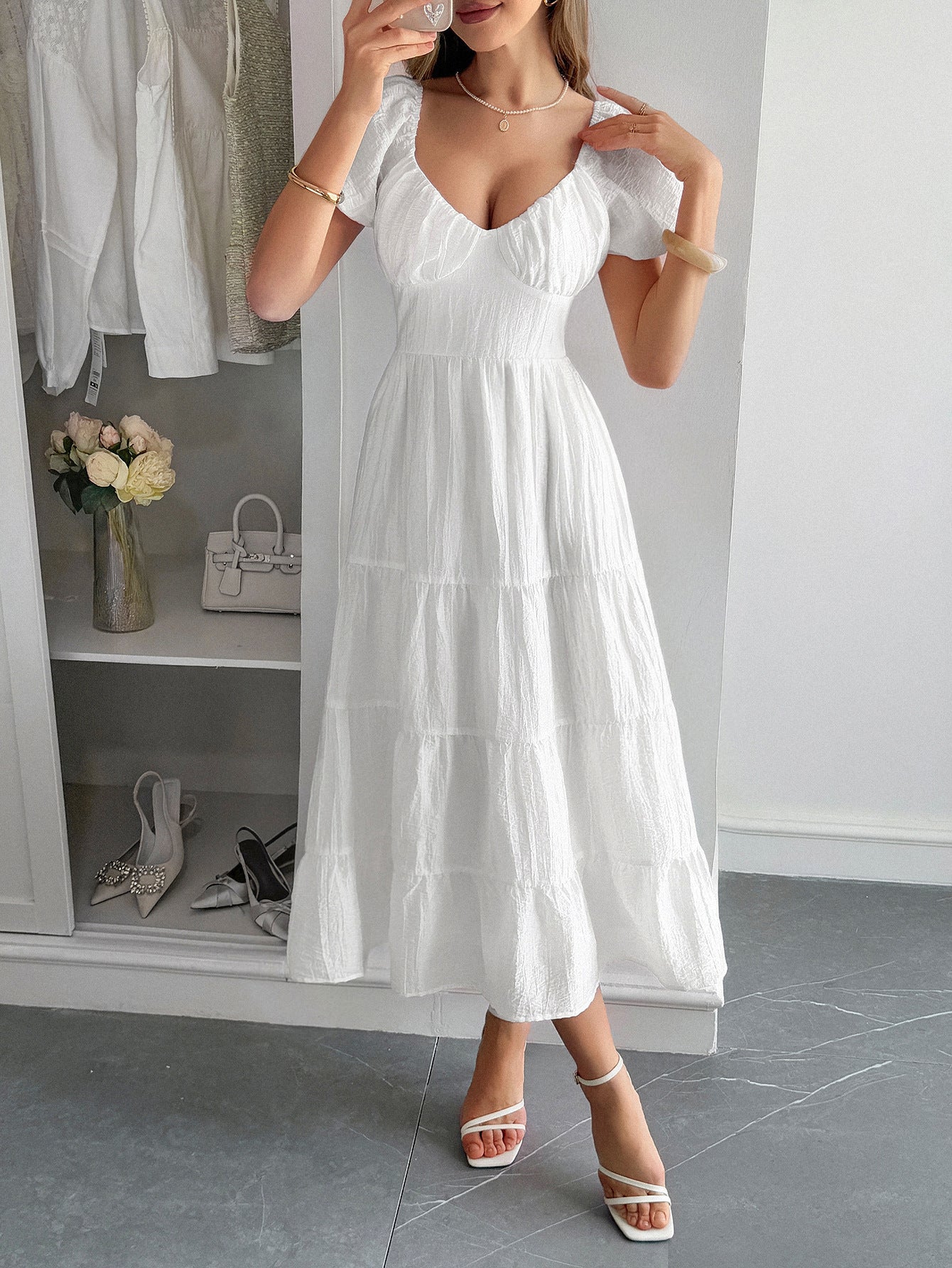 White V-Neck Layers A-Line Wedding Guest Dress White V-Neck Layers A-Line Wedding Guest Dress