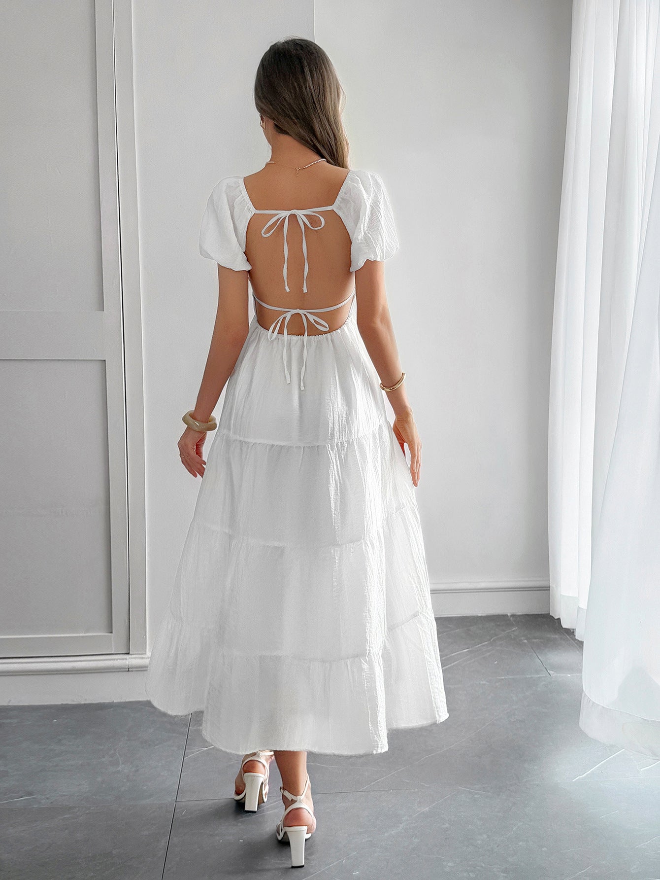 White V-Neck Layers A-Line Wedding Guest Dress