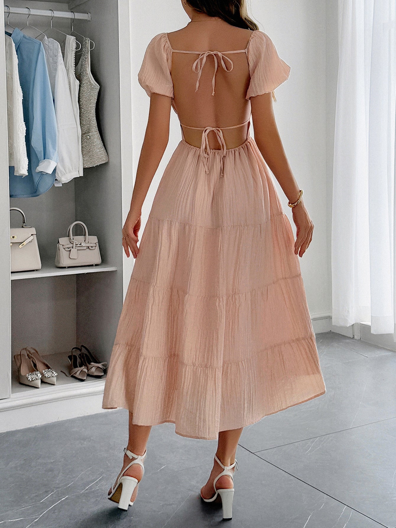 Coral V-Neck Layers A-Line Wedding Guest Dress