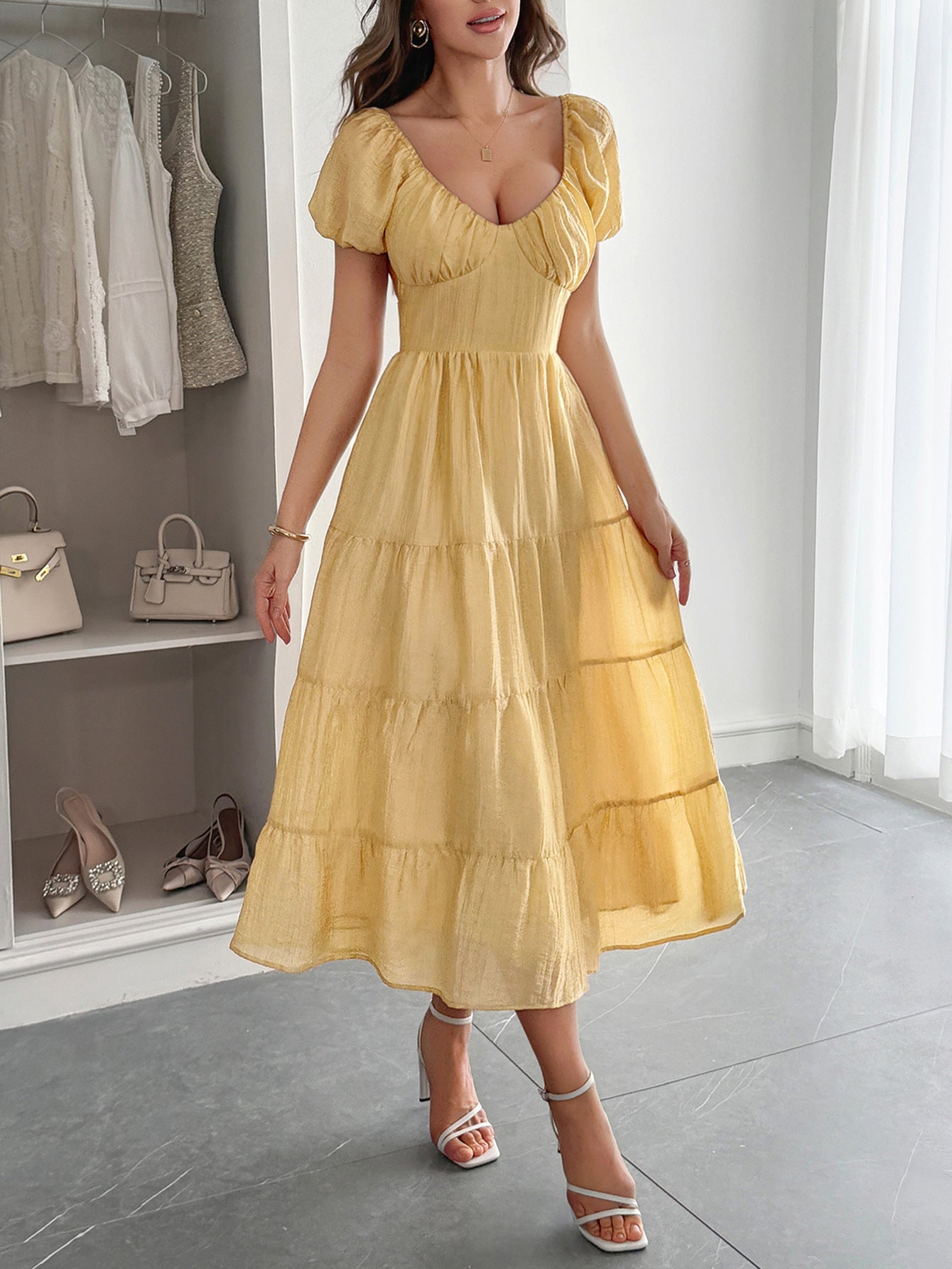 Gold V-Neck Layers A-Line Wedding Guest Dress Gold V-Neck Layers A-Line Wedding Guest Dress