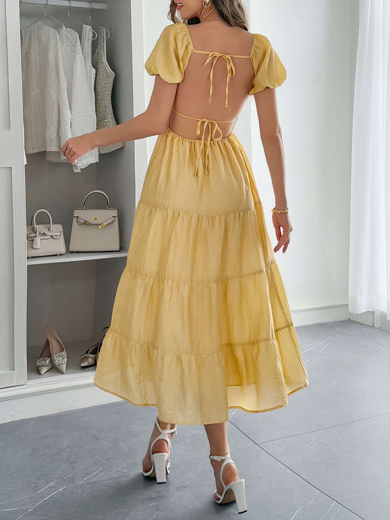Gold V-Neck Layers A-Line Wedding Guest Dress
