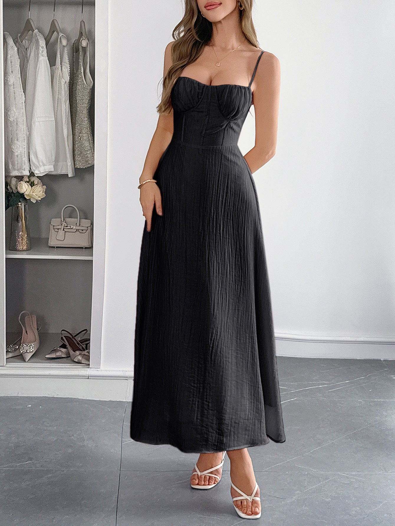 Spaghetti Straps Sleeveless Black Wedding Guest Dress