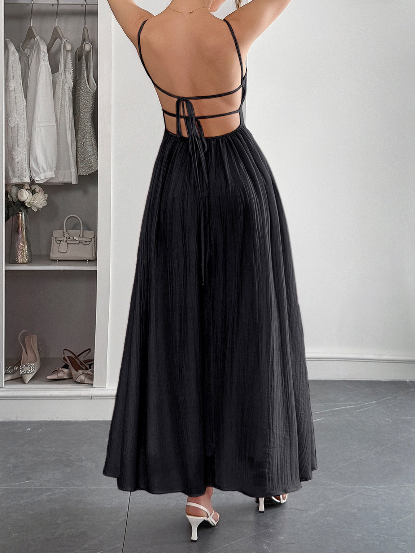 Spaghetti Straps Sleeveless Black Wedding Guest Dress