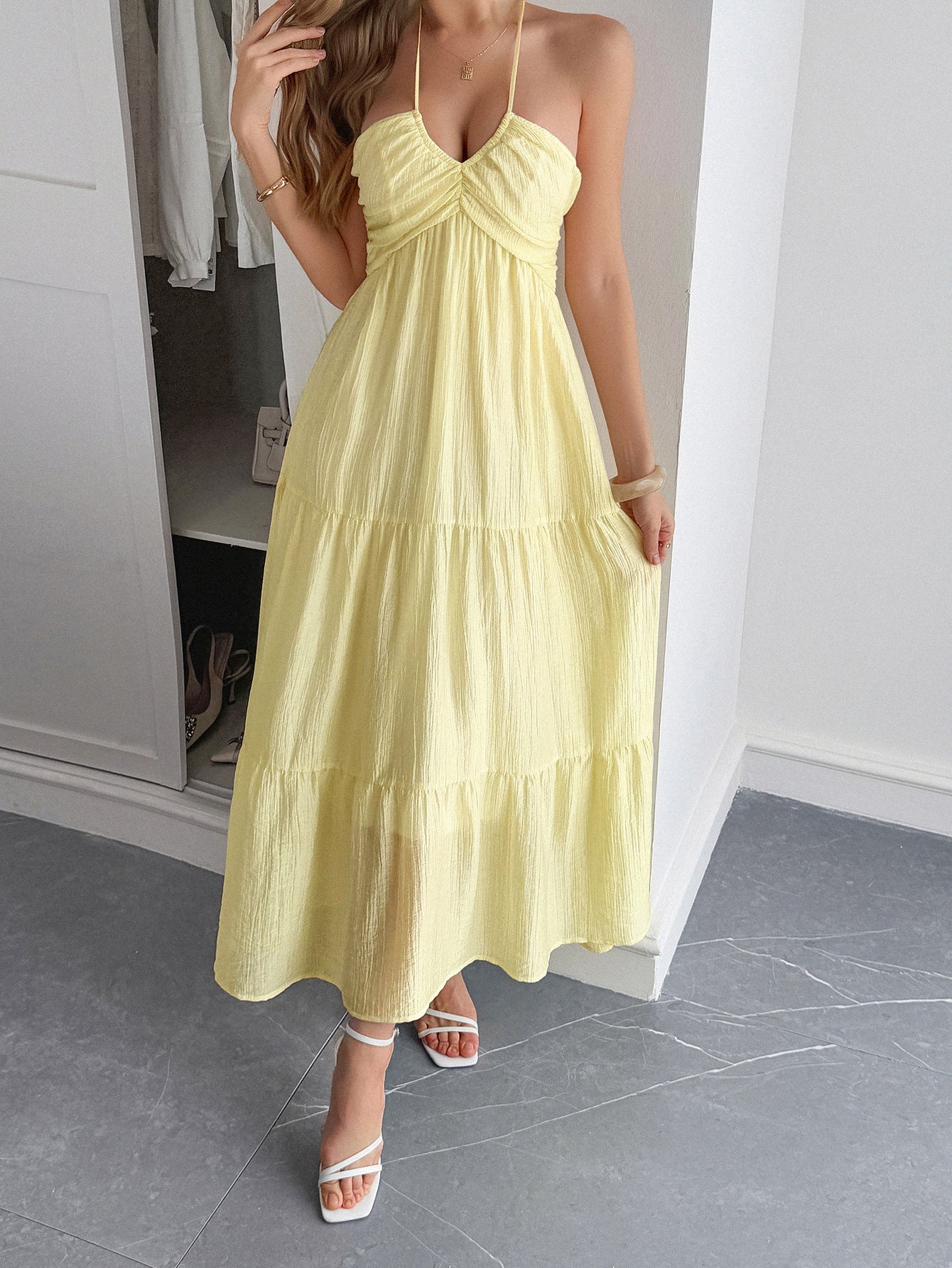 Halter Daffodil Sleeveless Ankle Length Wedding Guest Dress, Daffodil / XL Halter Daffodil Sleeveless Ankle Length Wedding Guest Dress, Daffodil / XL