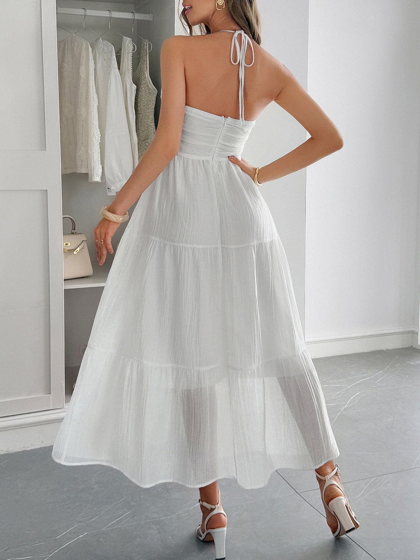 Halter White Sleeveless Ankle Length Wedding Guest Dress