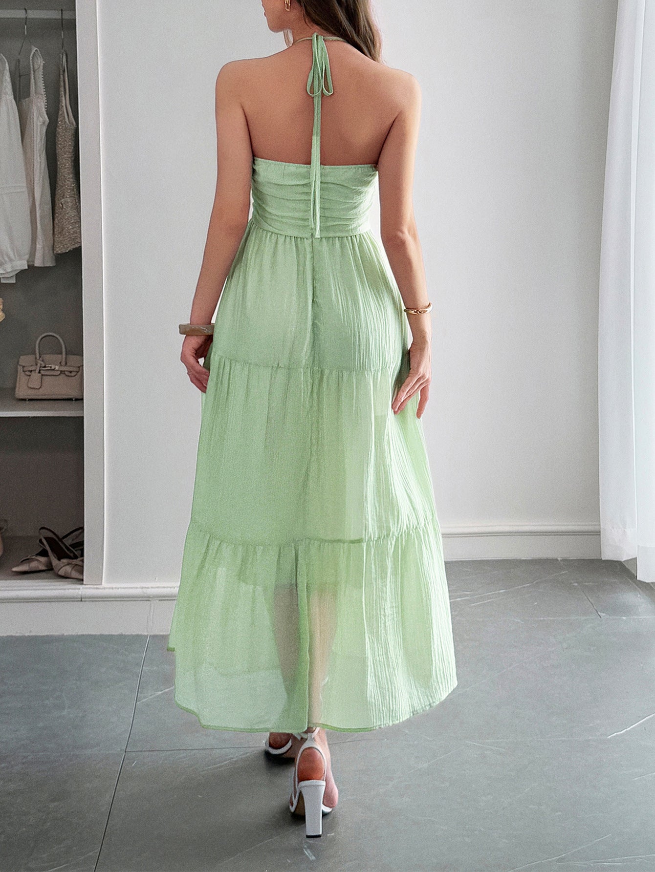 Halter Sage Sleeveless Ankle Length Wedding Guest Dress