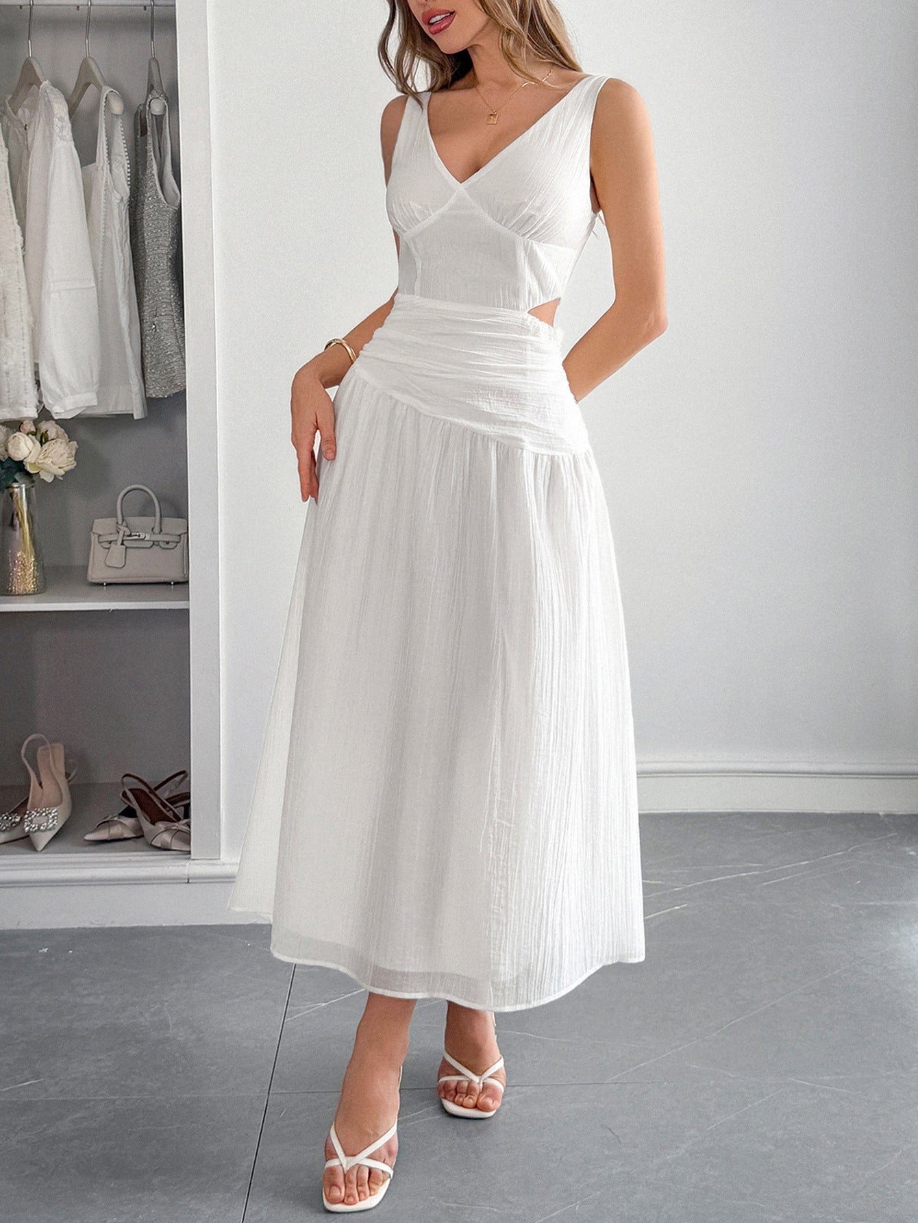 V-Neck White A-Line Wedding Guest Dress