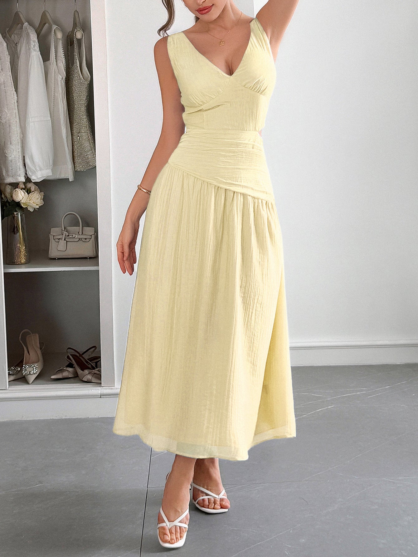 v neck a line wedding guest dress Ever-Pretty Elegant Pleated Chiffon Midi Semi Semi Formal Dress with Ruffled Sleeves Occasion Dress