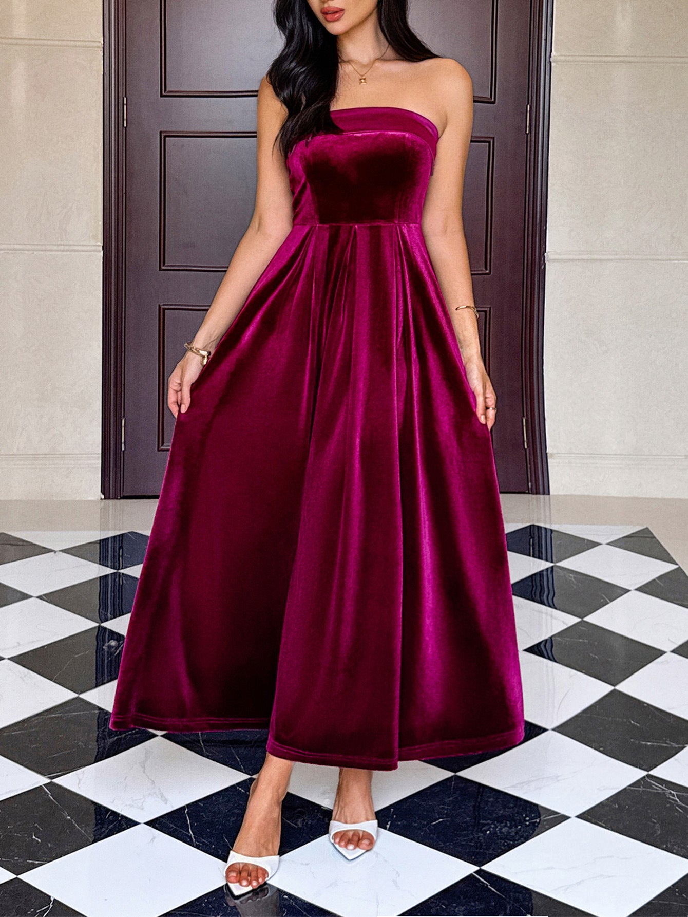 Burgundy Strapless A-Line Ankle Length Wedding Guest Dress, Burgundy / XL Burgundy Strapless A-Line Ankle Length Wedding Guest Dress, Burgundy / XL