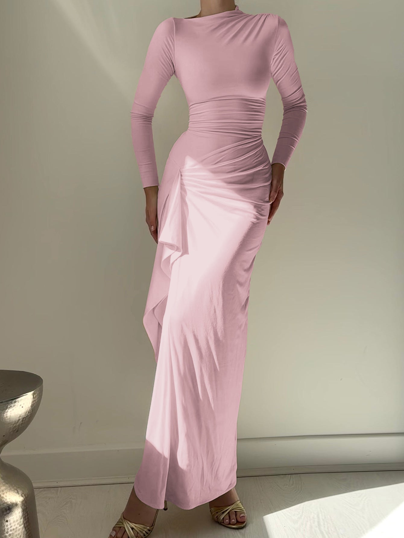 Trumpet/Mermaid Blush Pink Long Sleeves Wedding Guest Dress with Ruffle Side, Blush / L Trumpet/Mermaid Blush Pink Long Sleeves Wedding Guest Dress with Ruffle Side, Blush / L