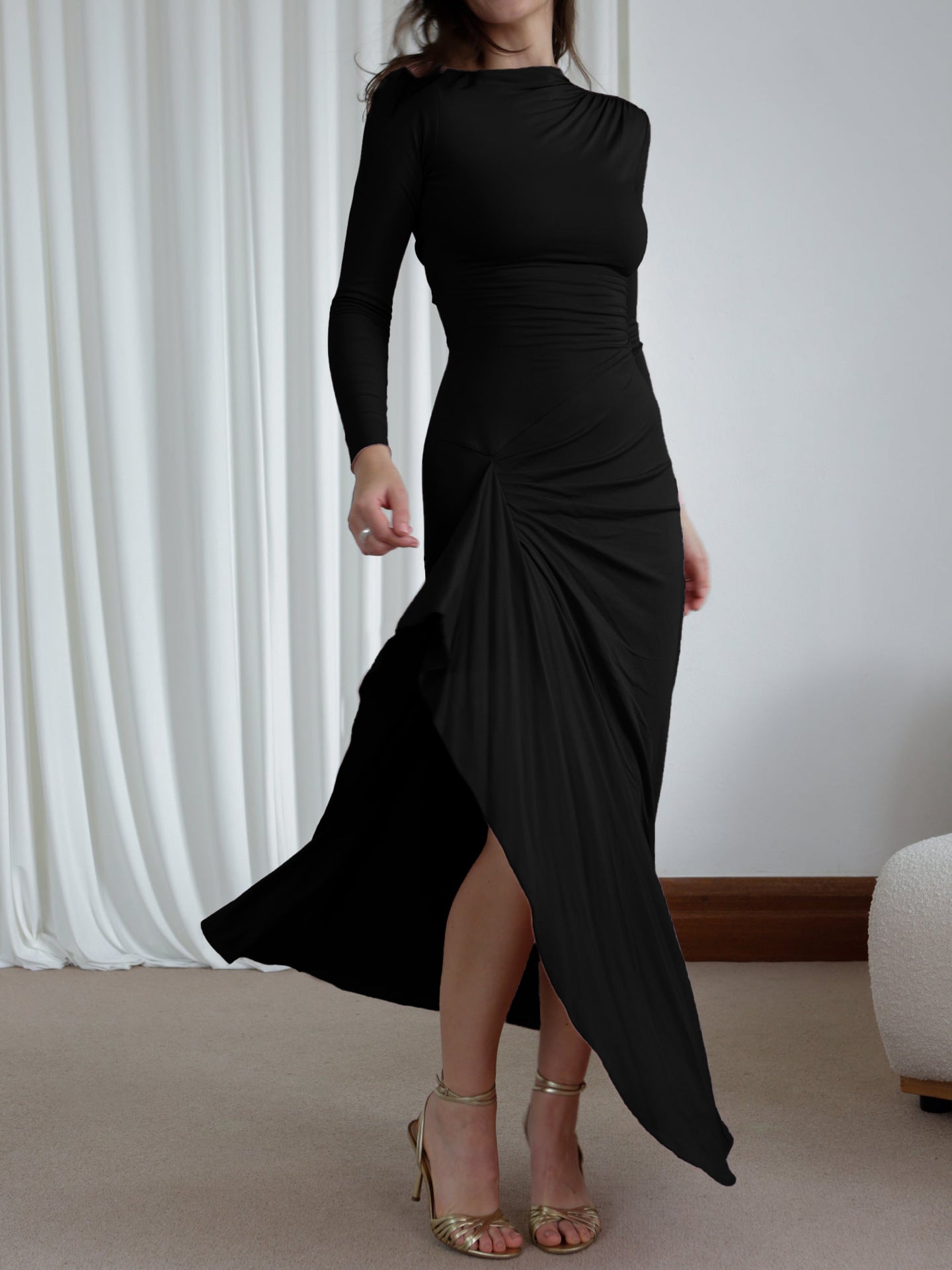 Trumpet/Mermaid Black Long Sleeves Wedding Guest Dress with Ruffle Side, Black / L Trumpet/Mermaid Black Long Sleeves Wedding Guest Dress with Ruffle Side, Black / L