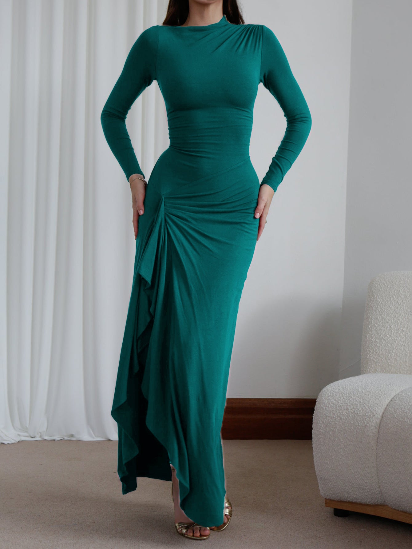 Trumpet/Mermaid Ink Blue Long Sleeves Wedding Guest Dress with Ruffle Side, Ink_Blue / S Trumpet/Mermaid Ink Blue Long Sleeves Wedding Guest Dress with Ruffle Side, Ink_Blue / S