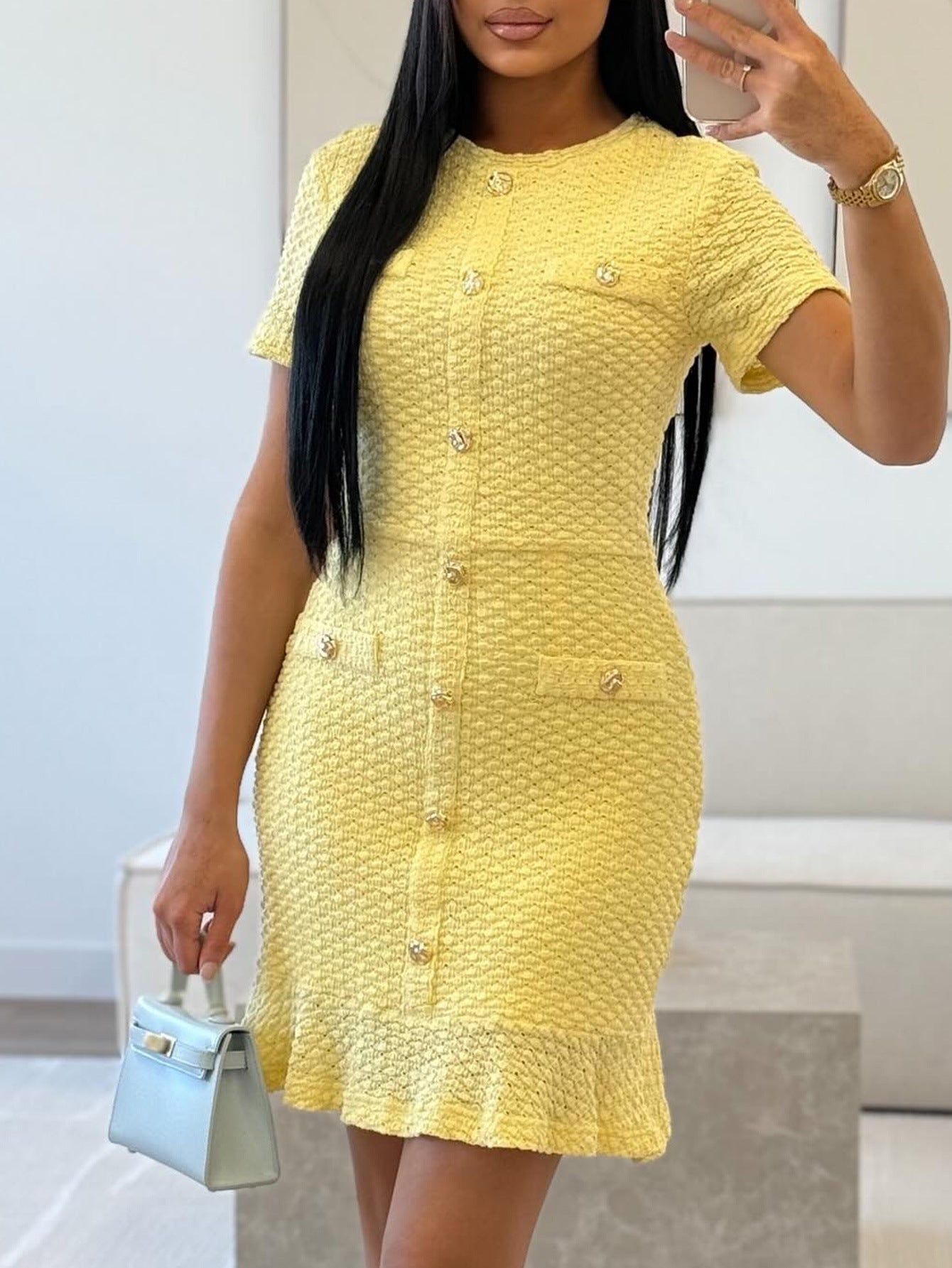 Sheath/Column Elegant Button Daffodil Knitted Wedding Guest Dress, Daffodil / M Sheath/Column Elegant Button Daffodil Knitted Wedding Guest Dress, Daffodil / M