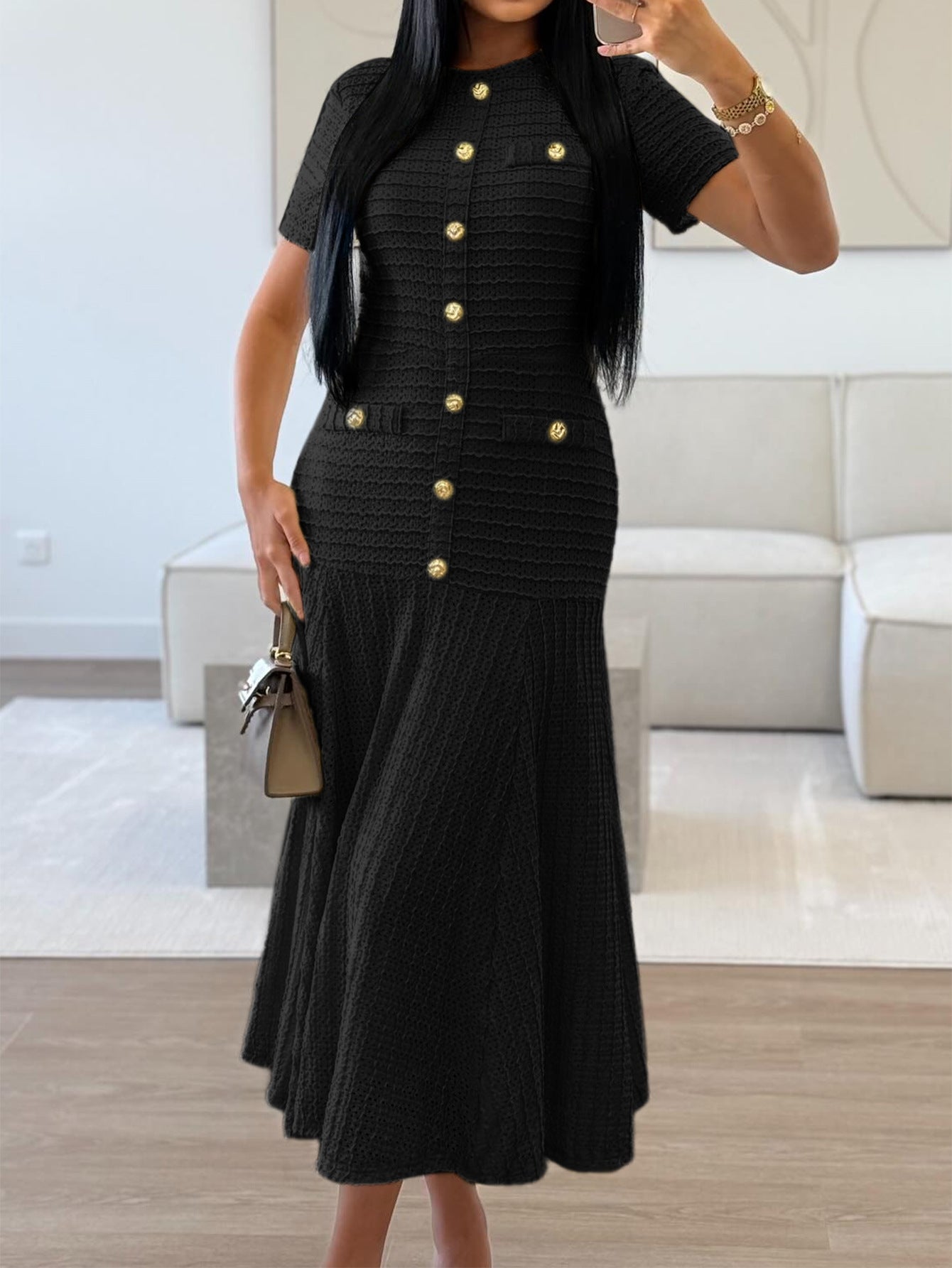 Elegant Black A-Line Knitted Button Wedding Guest Dress, Black / XL Elegant Black A-Line Knitted Button Wedding Guest Dress, Black / XL