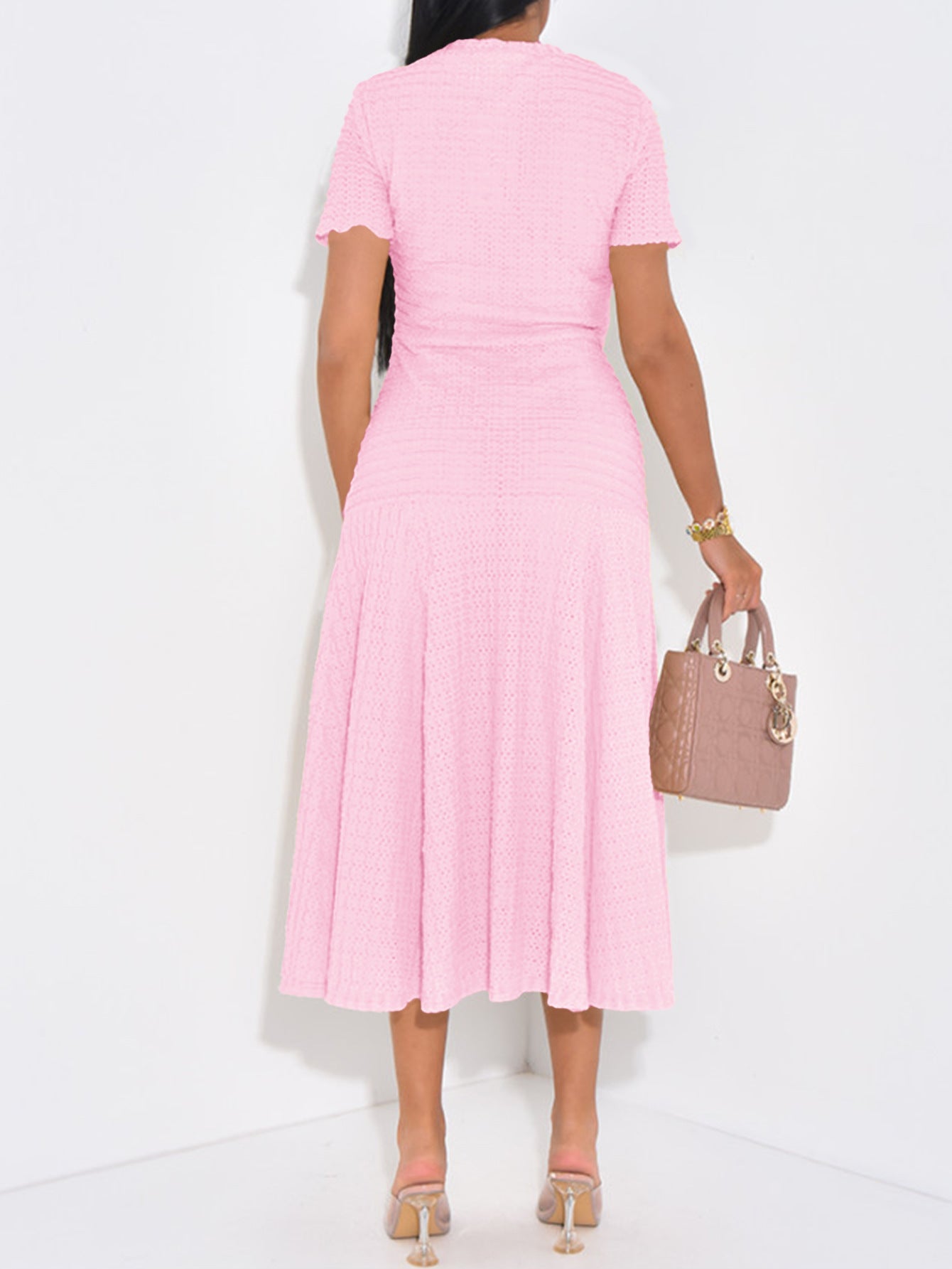 Elegant Candy Pink A-Line Knitted Button Wedding Guest Dress