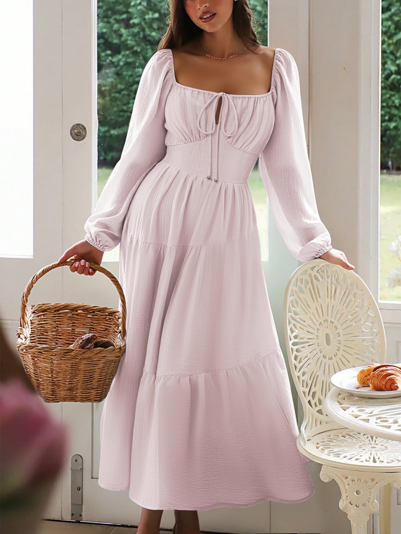Square Neckline Long Sleeves Blushing Pink A-Line Wedding Guest Dress