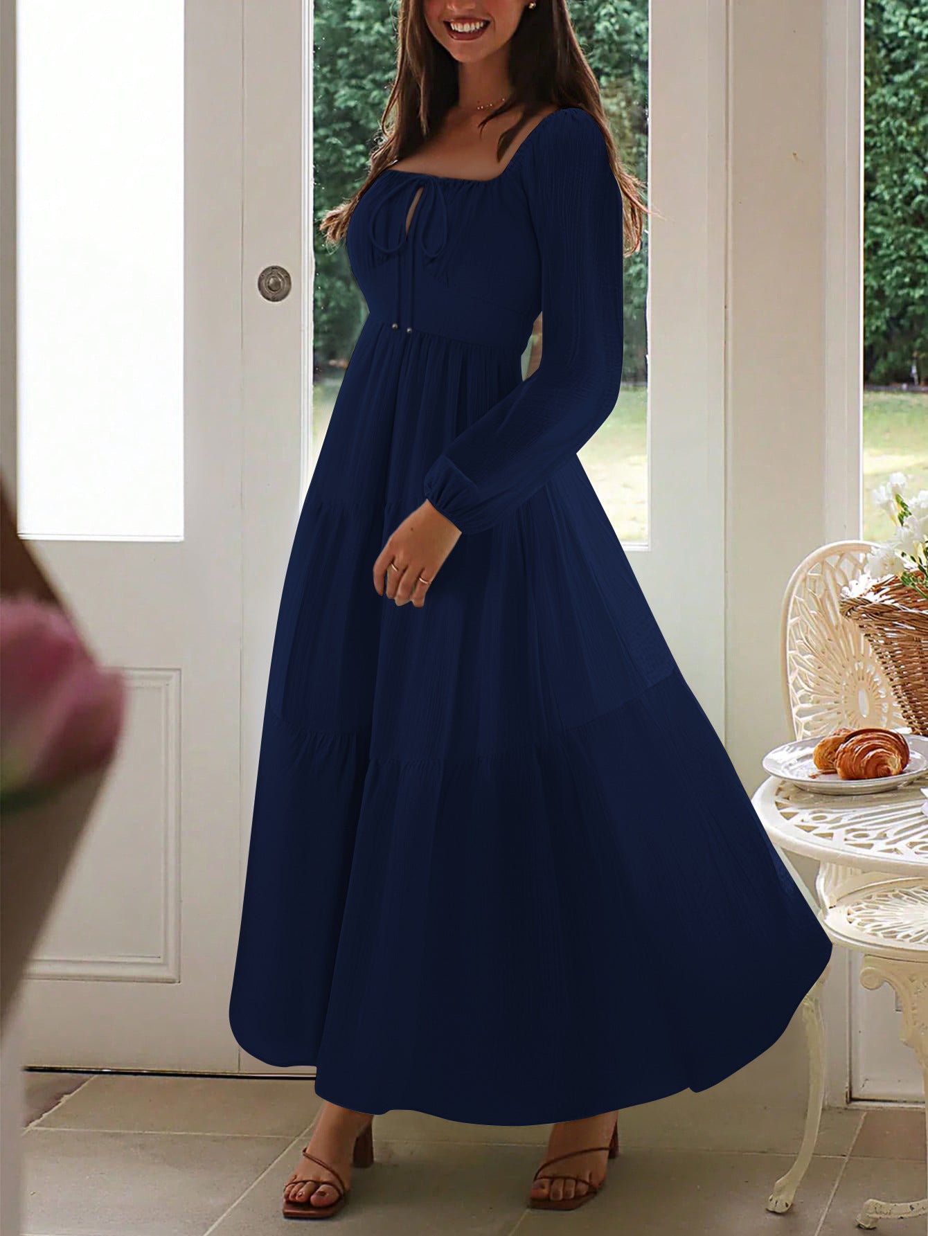 Square Neckline Long Sleeves Dark Navy A-Line Wedding Guest Dress, Dark_Navy / M Square Neckline Long Sleeves Dark Navy A-Line Wedding Guest Dress, Dark_Navy / M