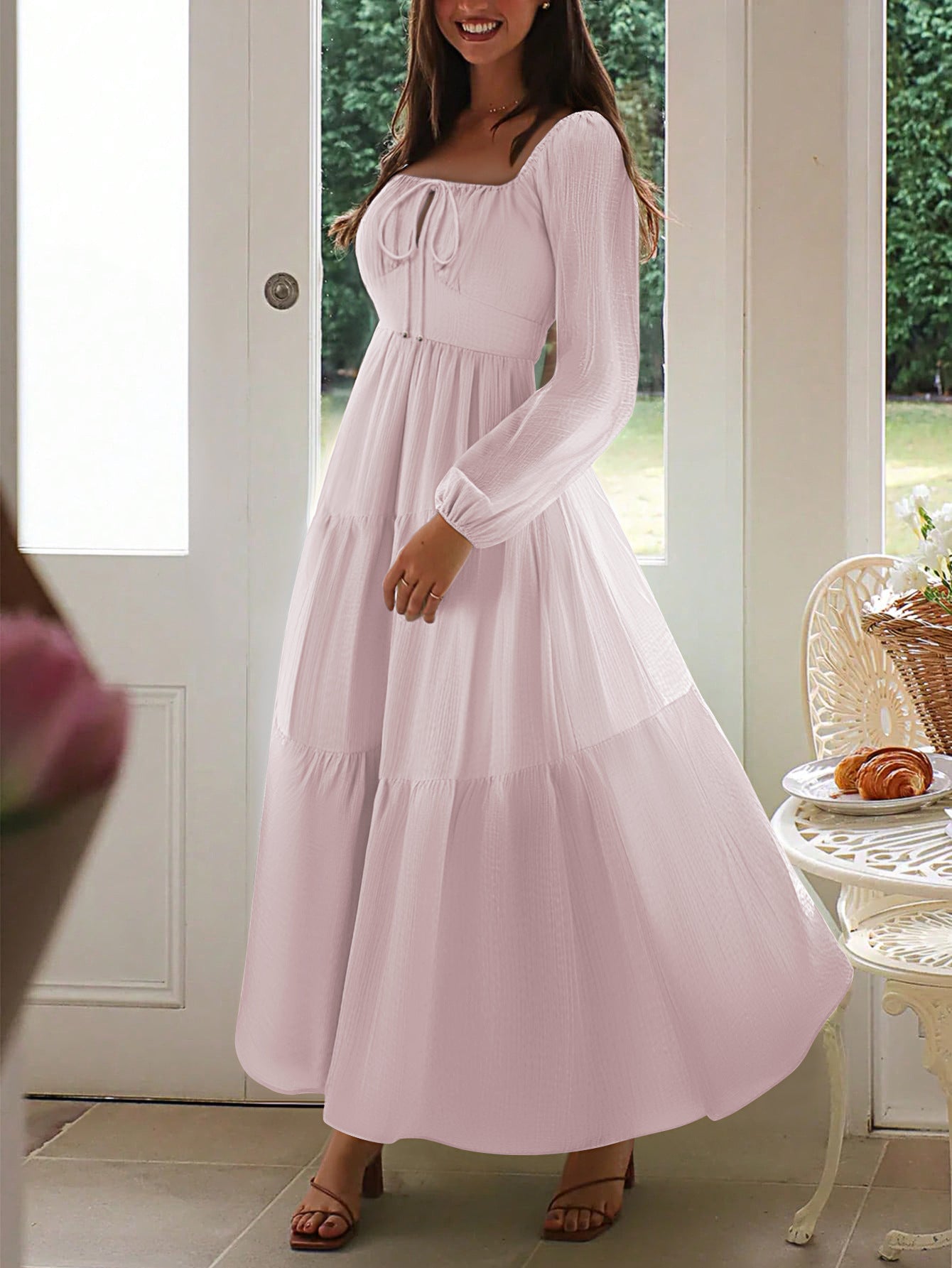 Square Neckline Long Sleeves Blushing Pink A-Line Wedding Guest Dress, Blushing_Pink / M Square Neckline Long Sleeves Blushing Pink A-Line Wedding Guest Dress, Blushing_Pink / M