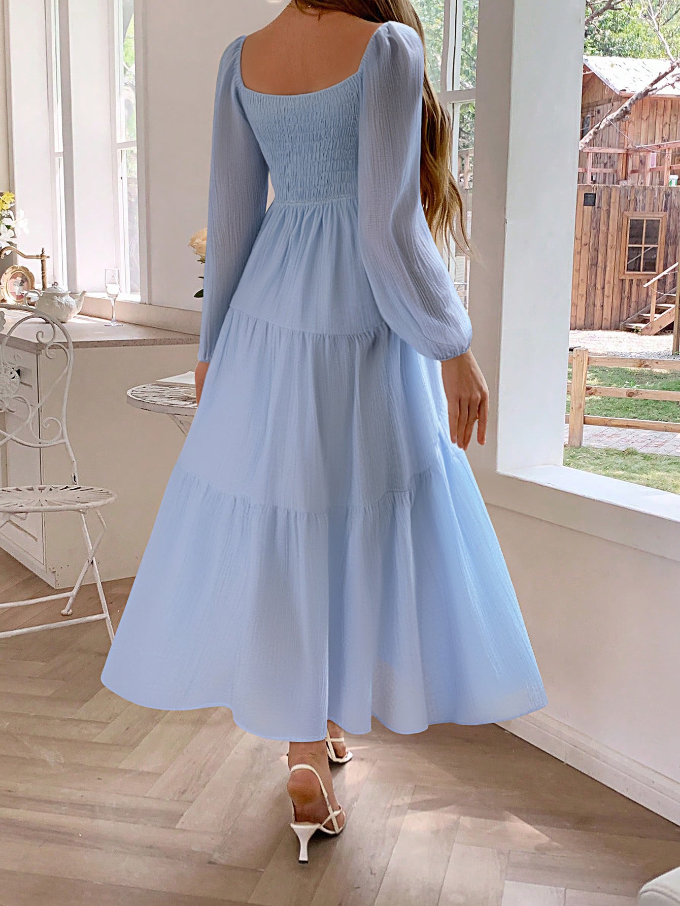Square Neckline Long Sleeves Sky Blue A-Line Wedding Guest Dress