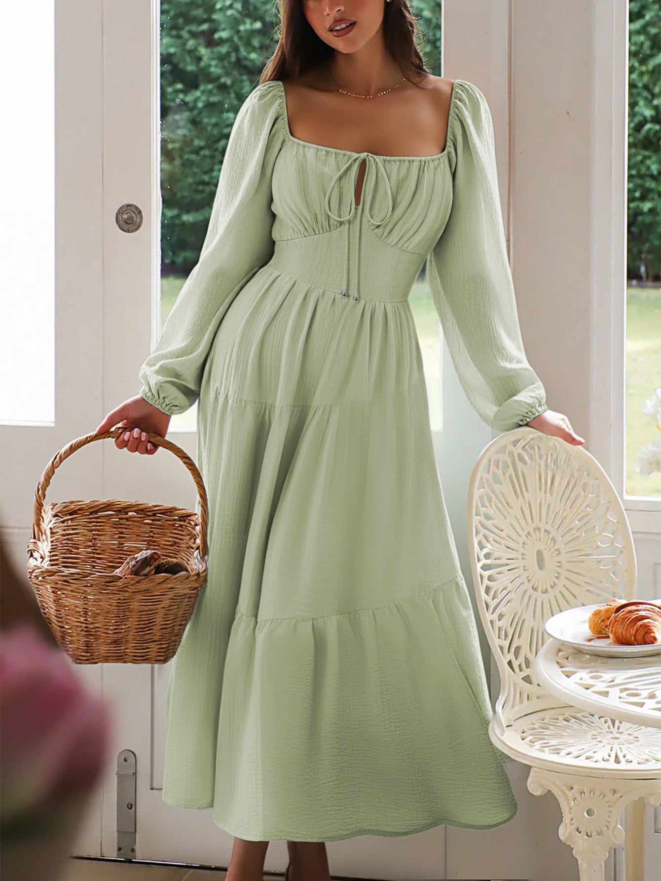 Square Neckline Long Sleeves Sage A-Line Wedding Guest Dress, Sage / M Square Neckline Long Sleeves Sage A-Line Wedding Guest Dress, Sage / M