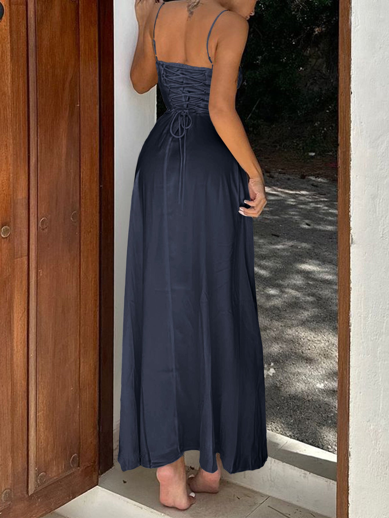 Sheath/Column Spaghetti Straps Dark Navy Sleeveless Wedding Guest Dress