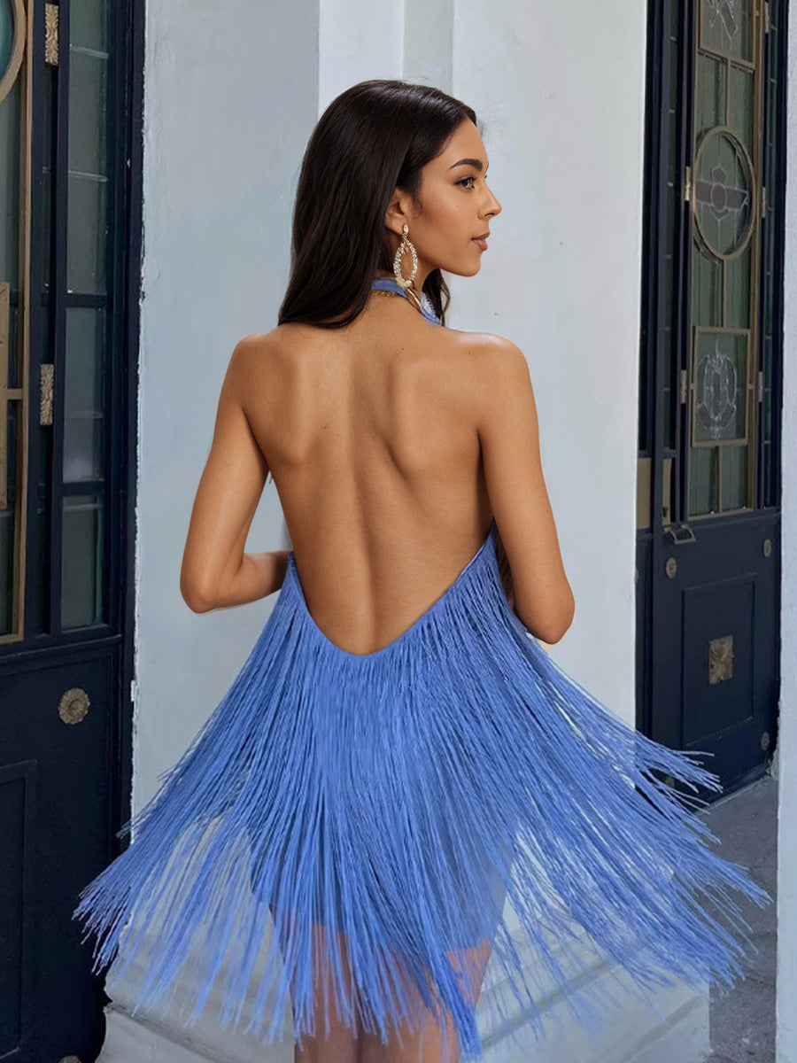 Sheath Halter Tassels Blue Sleeveless Wedding Guest Dresses