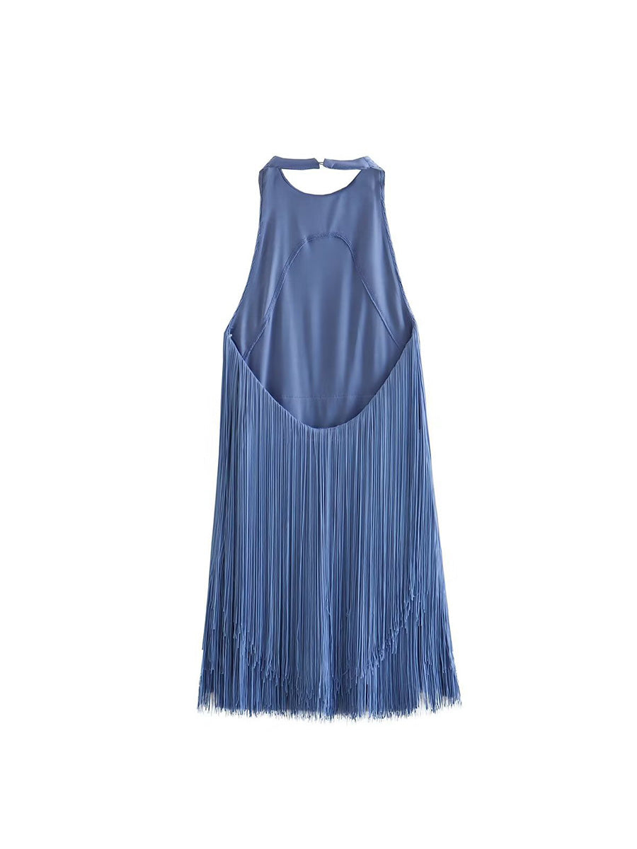 Sheath Halter Tassels Blue Sleeveless Wedding Guest Dresses