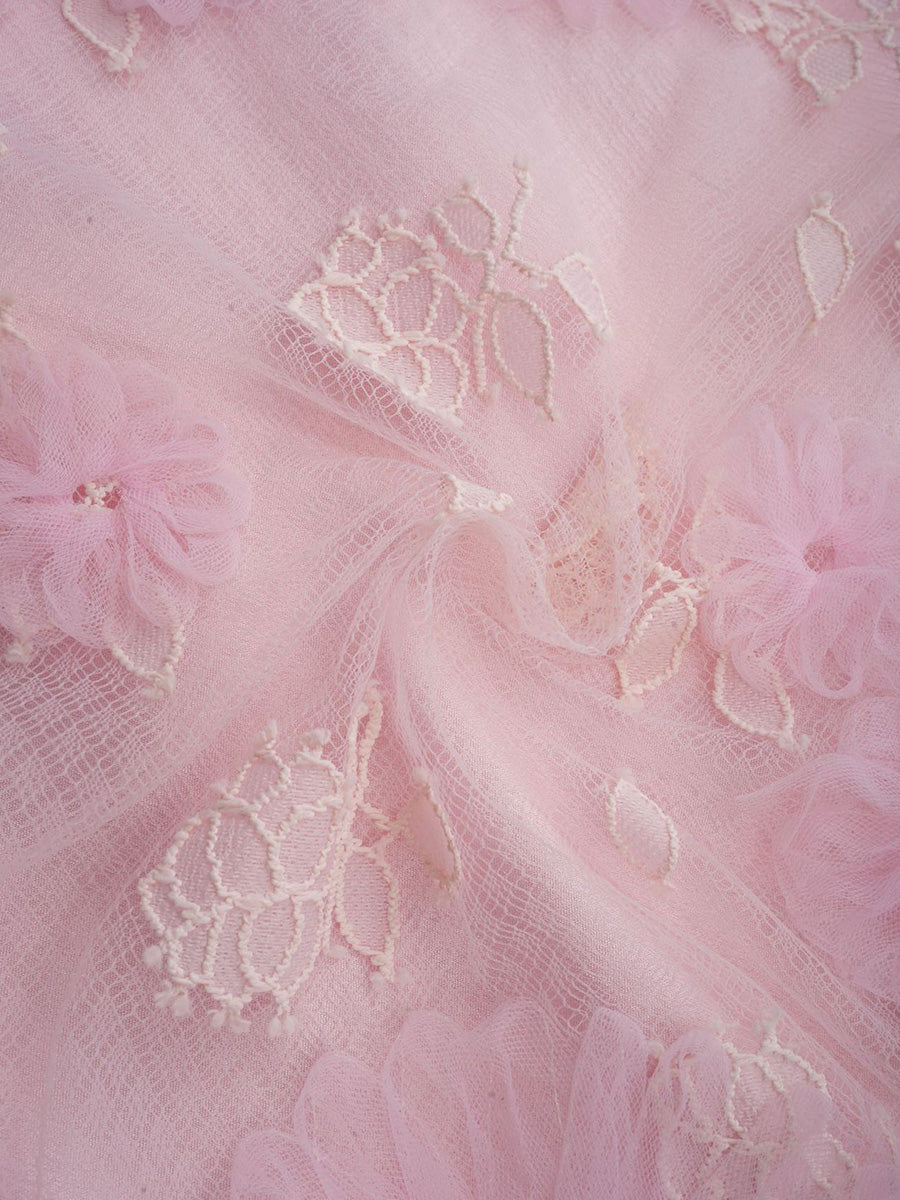 Cute Pink Flower Lace Princess Sleeves Prom Dresses With Bowknot