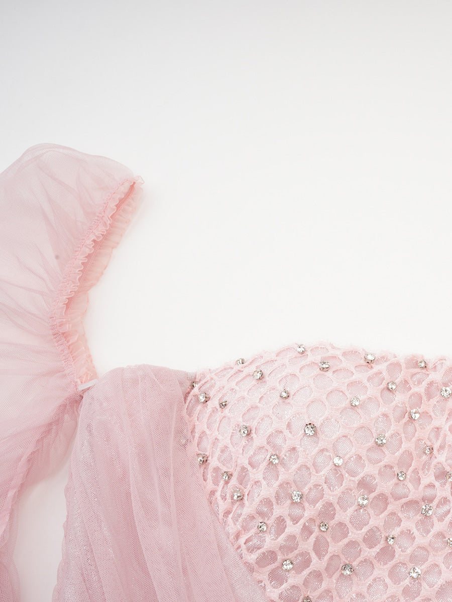 Charming Long Sleeves Pink Tulle Prom Dresses With Rhinestone